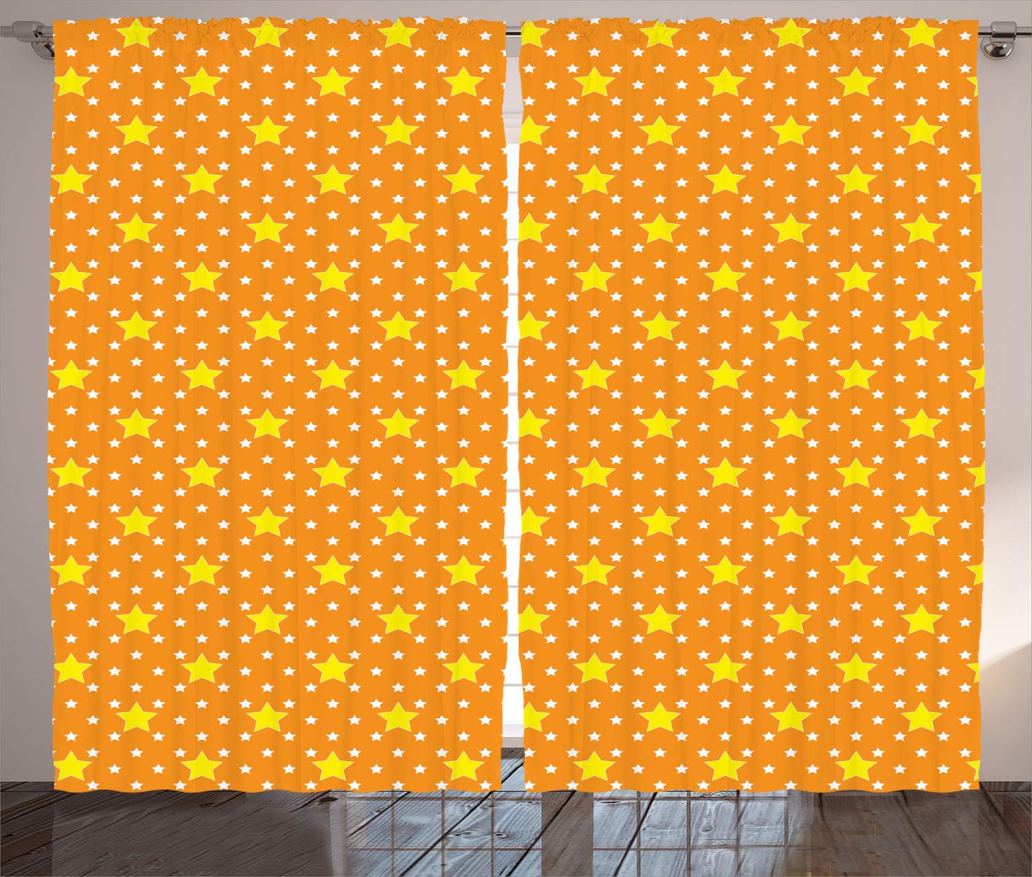 Ambesonne Star Curtains - Vivid Yellow Orange Starry Night Sky Print, 2 Panel Set 108