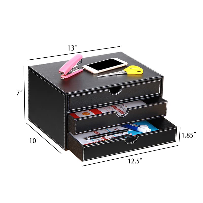 Ayunga 3-Drawer Leather Desk Organizer - Executive Office File Cabinet for A4 Documents, Stackable Storage Box for Jewelry, Bills & Makeup | Home & Office Organization Accessories (Black) - Perfect for Workspace, Study Desk & Vanity Organization