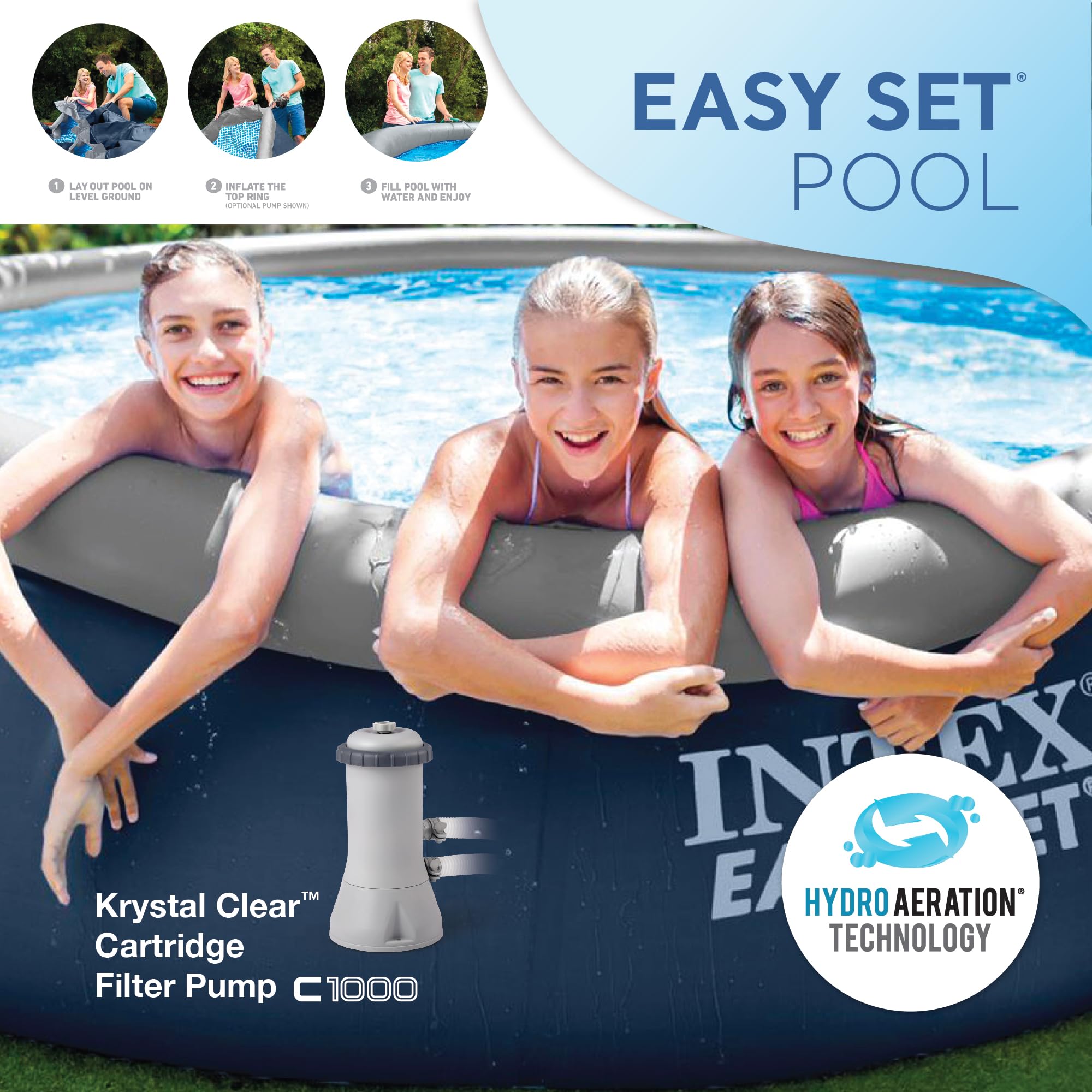 INTEX Inflatable Above-Ground Swimming Pool - 15ft x 48in Easy Set with Filter Pump & Ladder | Family Backyard Fun, Summer Outdoor Activities, Kids Water Play