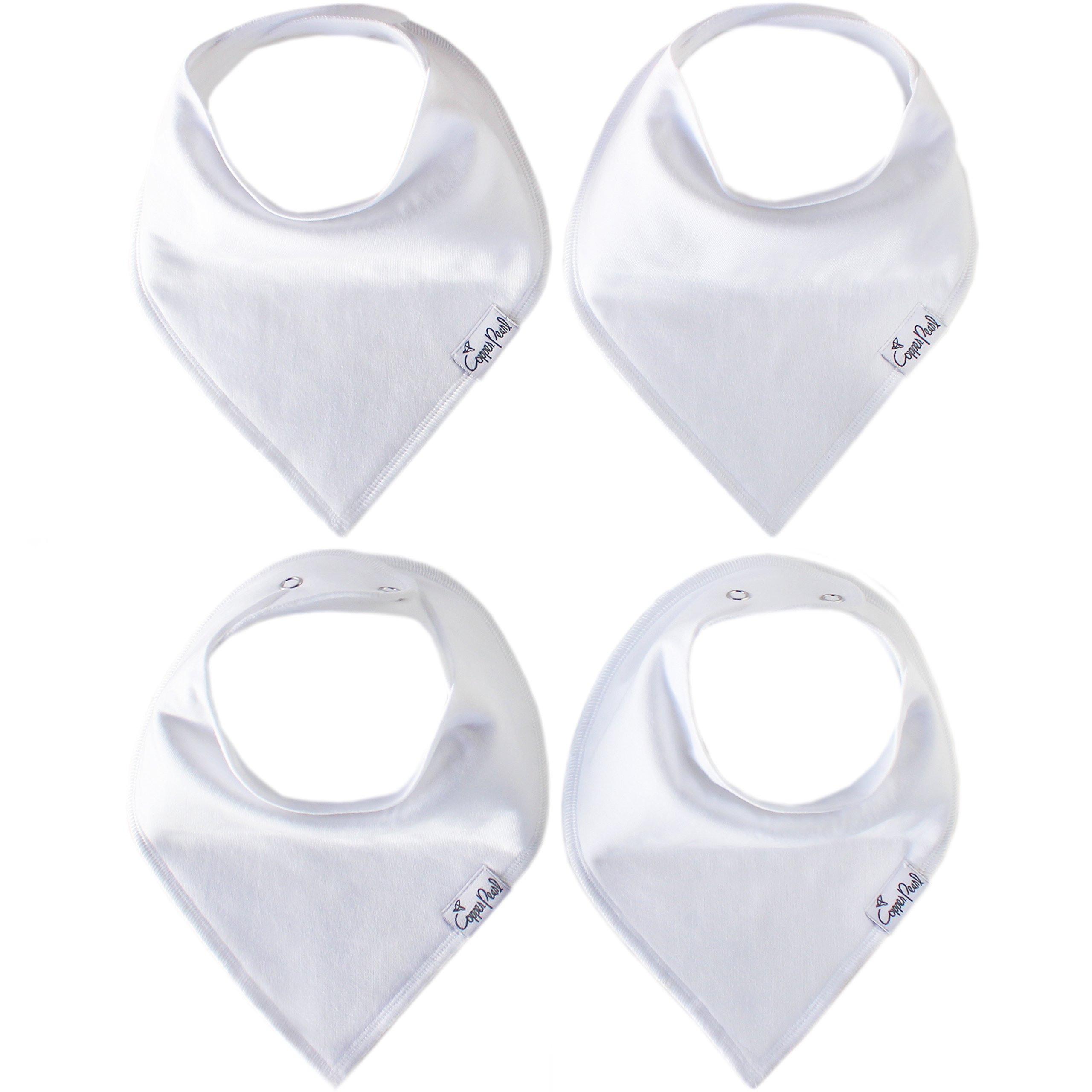 Copper Pearl Baby Bandana Bibs - 4 Pack Soft Cotton Drool Bibs for Boys & Girls | Adjustable Newborn to Toddler Bibs for Teething & Drooling | Absorbent White Basics for Feeding, Playtime & Outfits