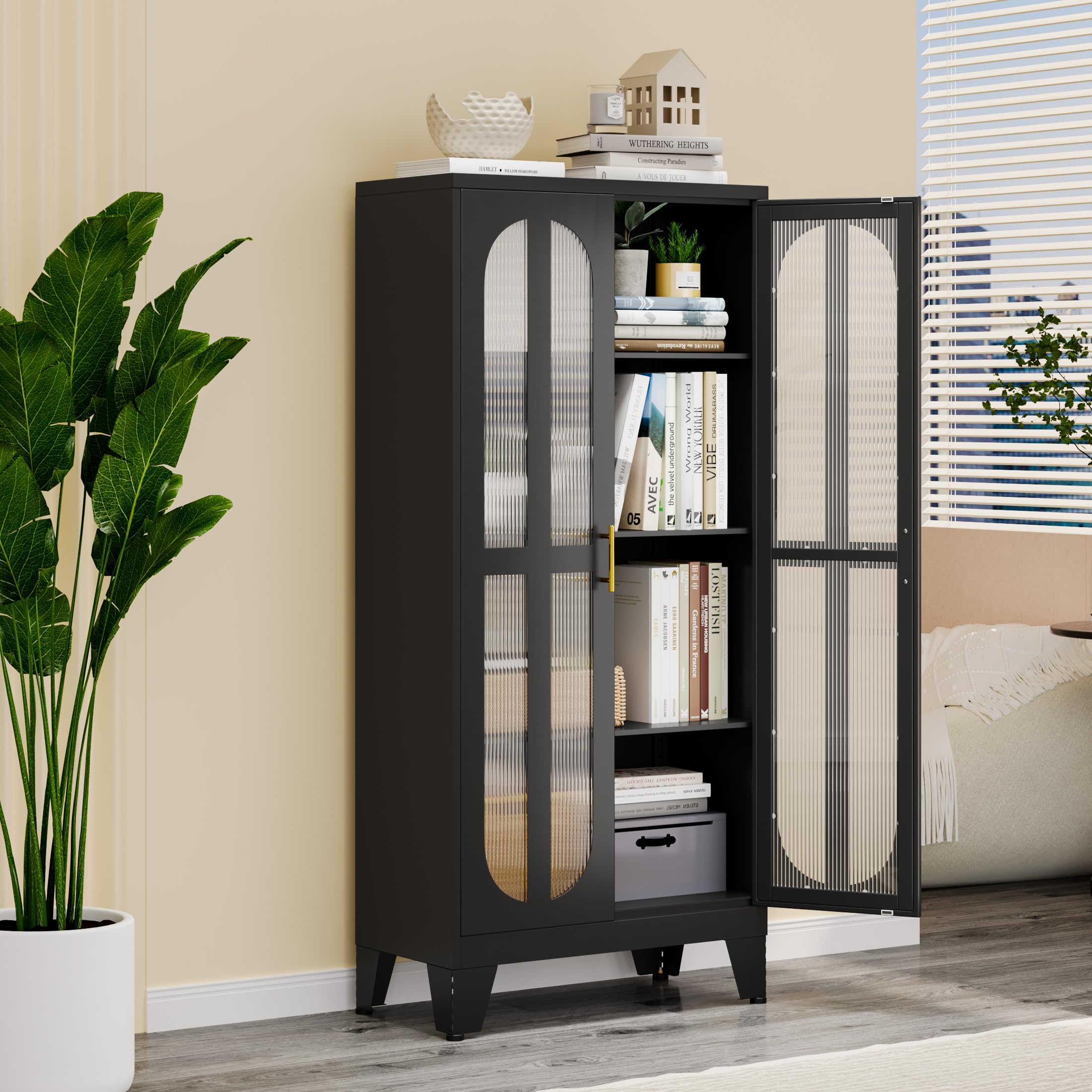Metal Storage Cabinet with 2 Cross Door Panels & 3 Adjustable Shelves - Kitchen Pantry Organizer for Living Room, Office, Laundry, Dining Room or Outdoor Use - Black (Perfect for Home Organization & Space Saving)