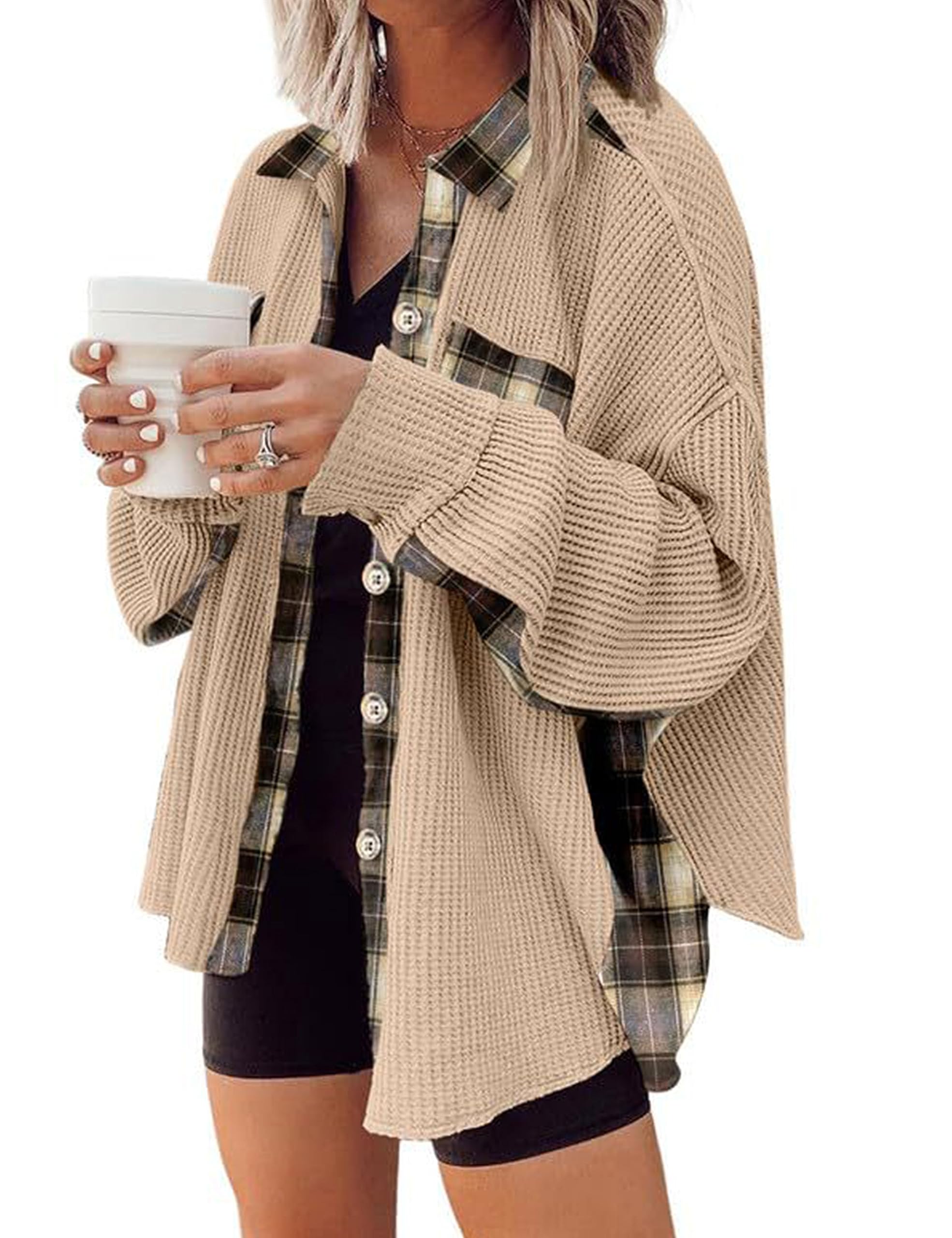 Bozanly Women's Waffle Knit Plaid Patchwork Shirt - Loose Button Down Shacket Jacket Top for Casual Wear, Lounge & Fall Outfits