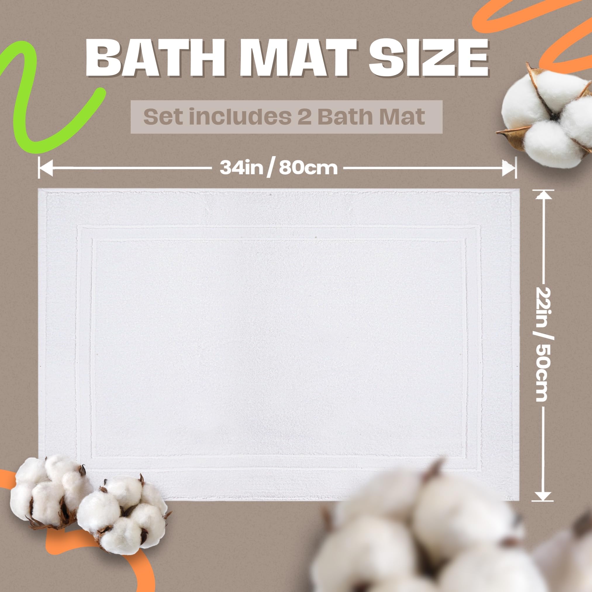 Luxury Cotton Bath Mats 2-Pack, 34x22 Inches - Super Absorbent Bathroom Towel Mats, Soft Floor Towels for Bath & Shower (Brilliant White) | Perfect for Spa-Like Bathroom Experience & Guest Bathrooms