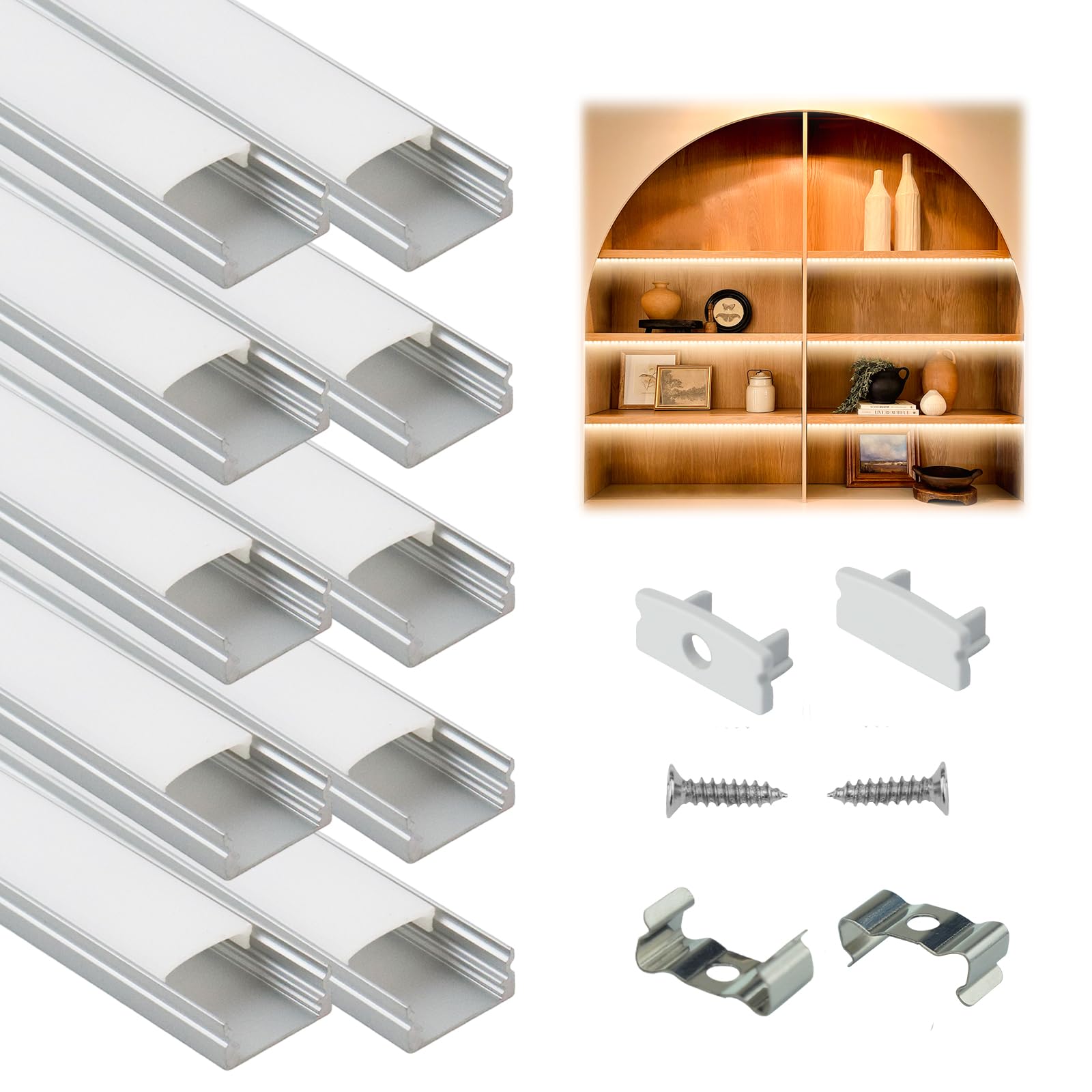 Muzata 10-Pack 6.6FT/2M Silver Aluminum LED Channel with Milky White Cover - LED Strip Light Diffuser for Clean Modern Lighting - Perfect for Home, Kitchen, Cabinet, and Commercial Lighting Decor