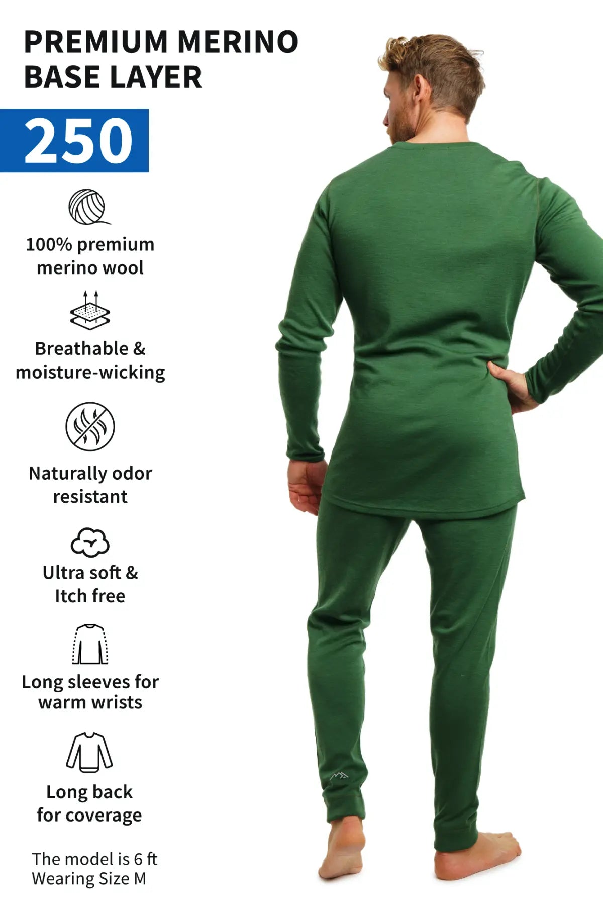 Men's Merino Wool Thermal Underwear Set 250g - Olive Green Base Layer for Cold Weather Hiking, Skiing & Winter Sports