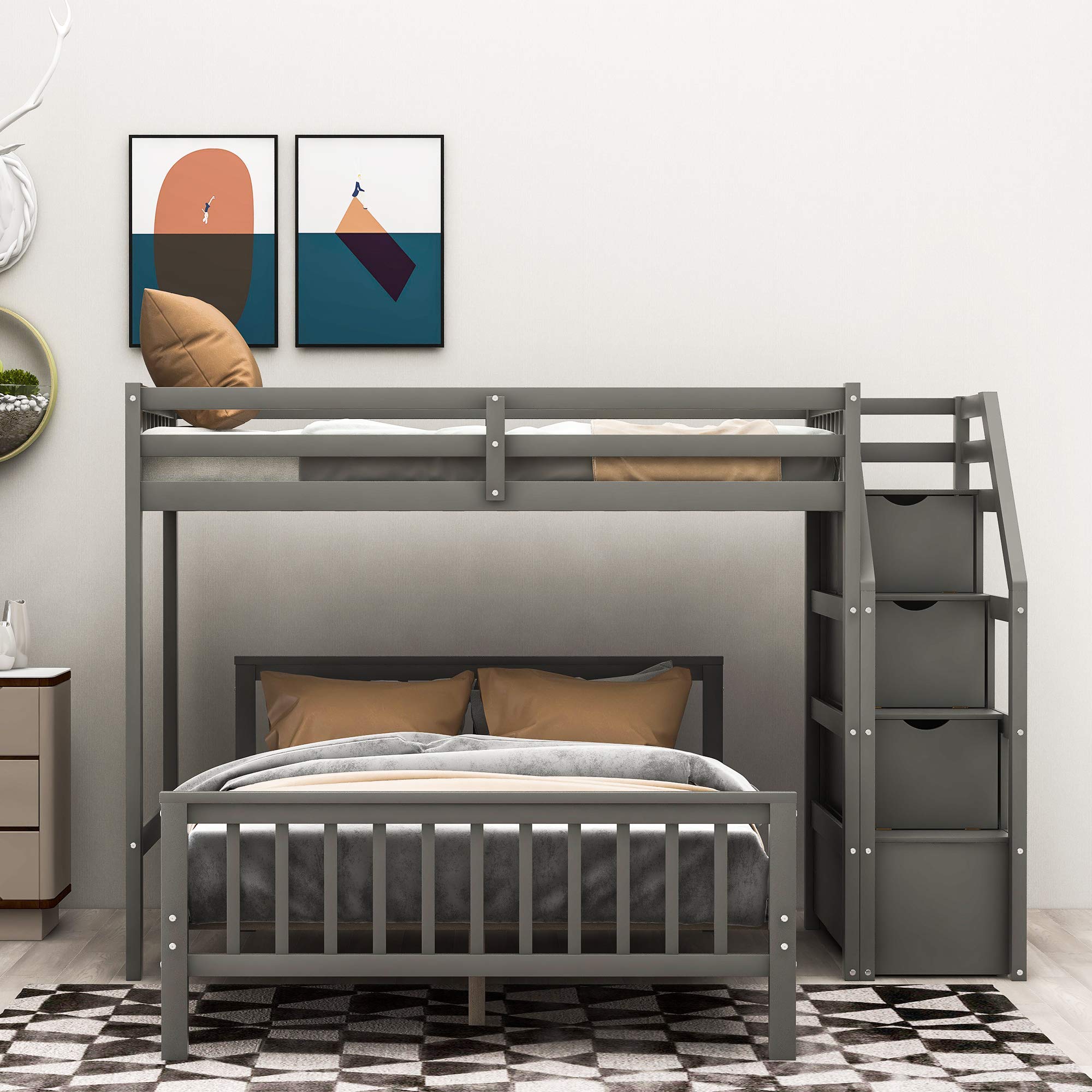 Harper & Bright Designs Twin Over Full L-Shaped Wood Bunk Beds for Kids with Stairway & Storage - No Box Spring Needed, Gray - Perfect for Small Bedrooms, Shared Kids' Rooms & Space-Saving Sleep Solutions