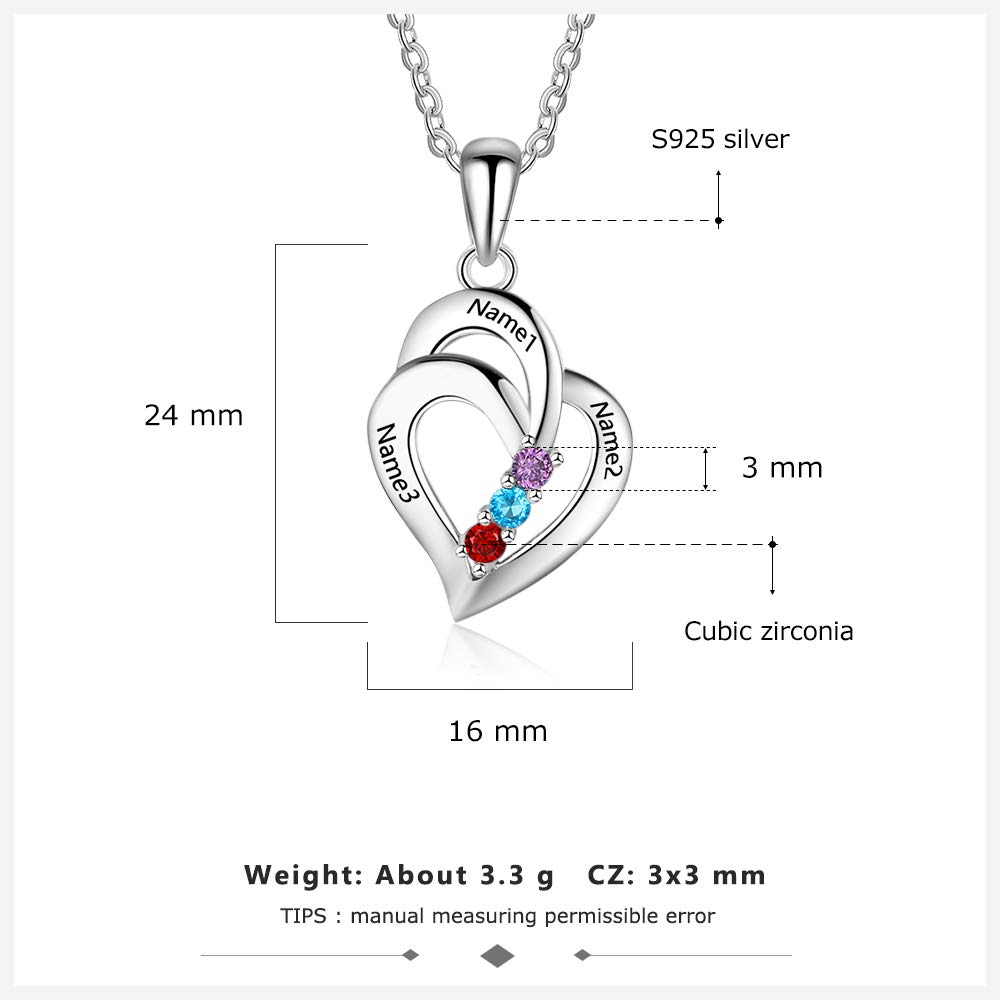 Custom Sterling Silver Mothers Necklace - 3 Birthstones & Engraved Names - Heart Pendant for Family Gifts & Special Occasions
