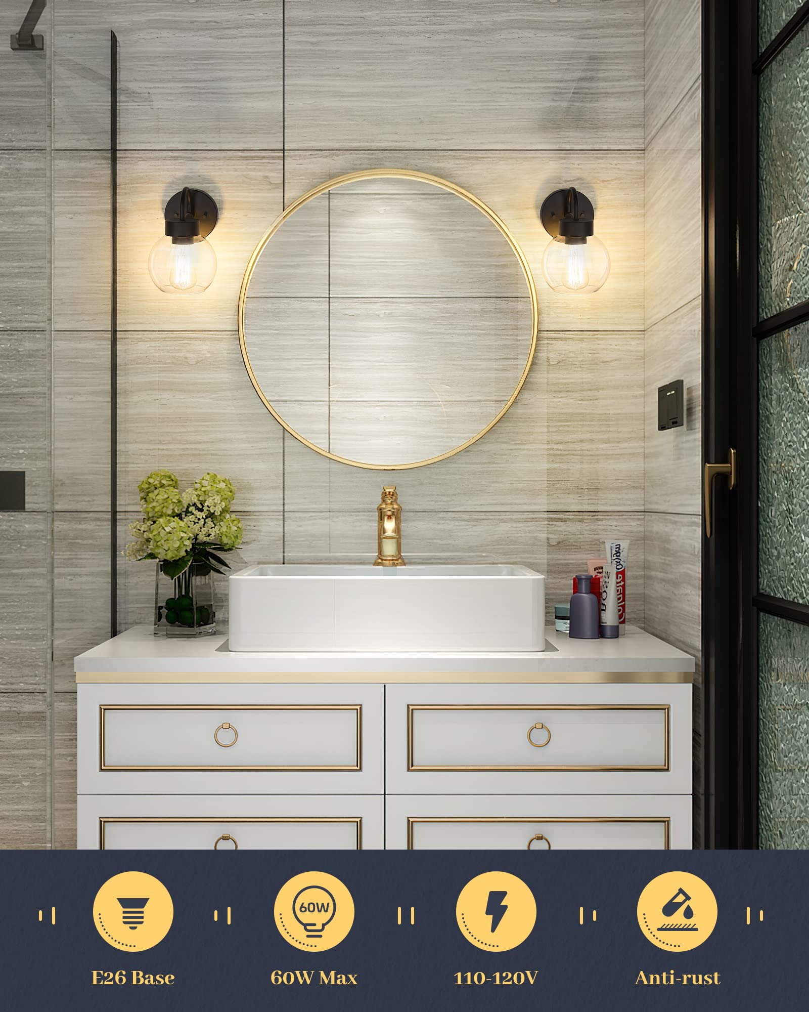 EAPUDUN 1-Light Matte Black Bathroom Vanity Light Fixture with Clear Glass Shade - Industrial Style Wall Sconce for Mirror Lighting (WLA1433-MBK) - Perfect for Modern Bathrooms, Powder Rooms & Dressing Areas