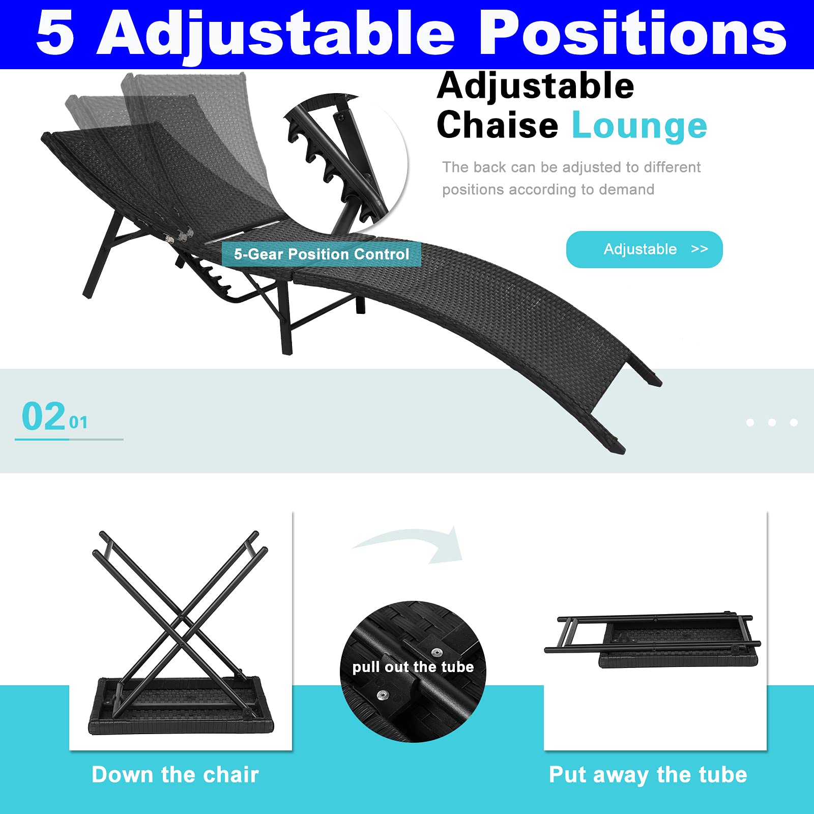 Upgraded 3-Piece Outdoor Folding Chaise Lounge Set - Rattan Wicker Adjustable Back Patio Recliner with Side Table & Cushions - Perfect for Poolside, Beach, Backyard & Garden Relaxation