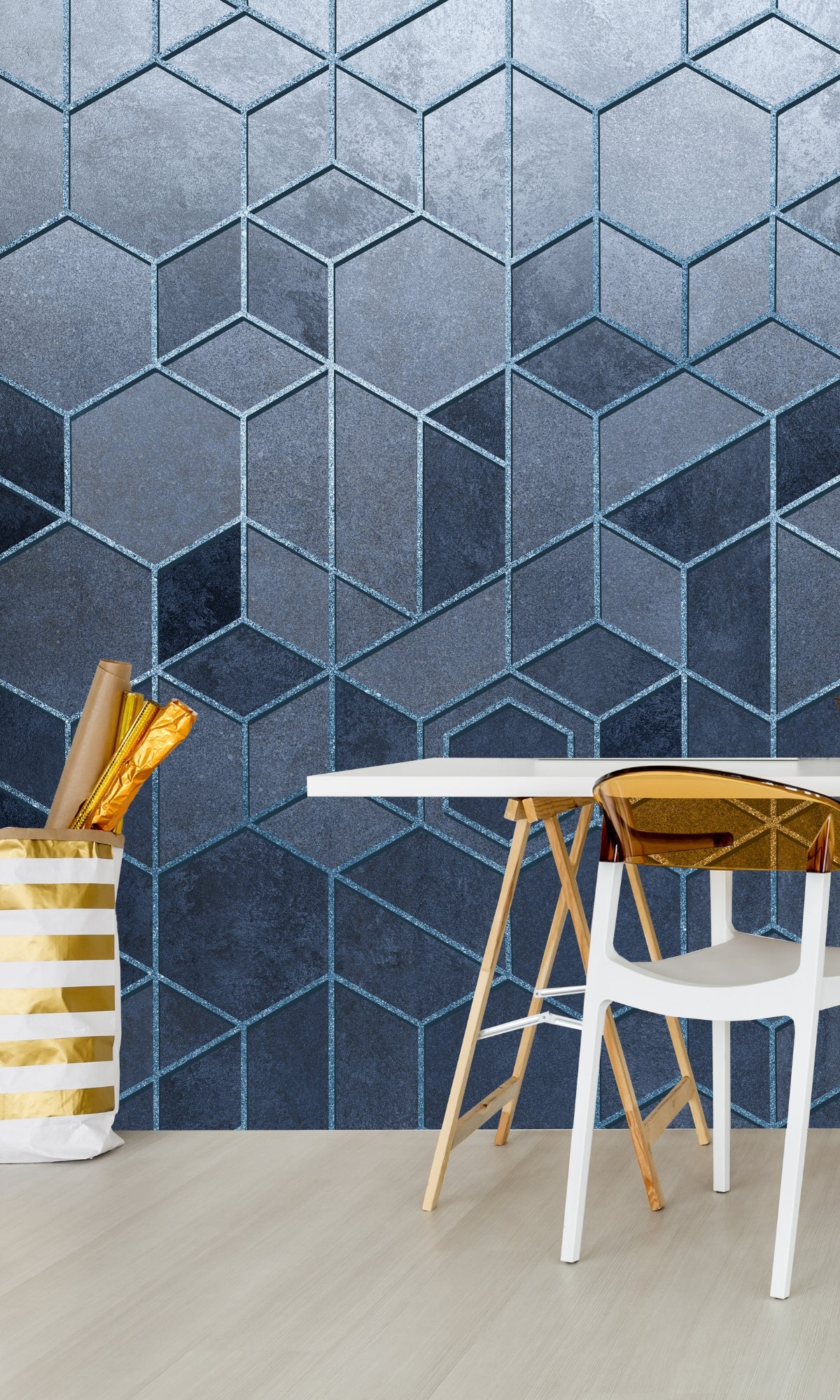 Blue Geometric Hexagon Mural Wallpaper M1307 - Modern Abstract Peel & Stick Wall Decor for Living Room, Bedroom, or Office