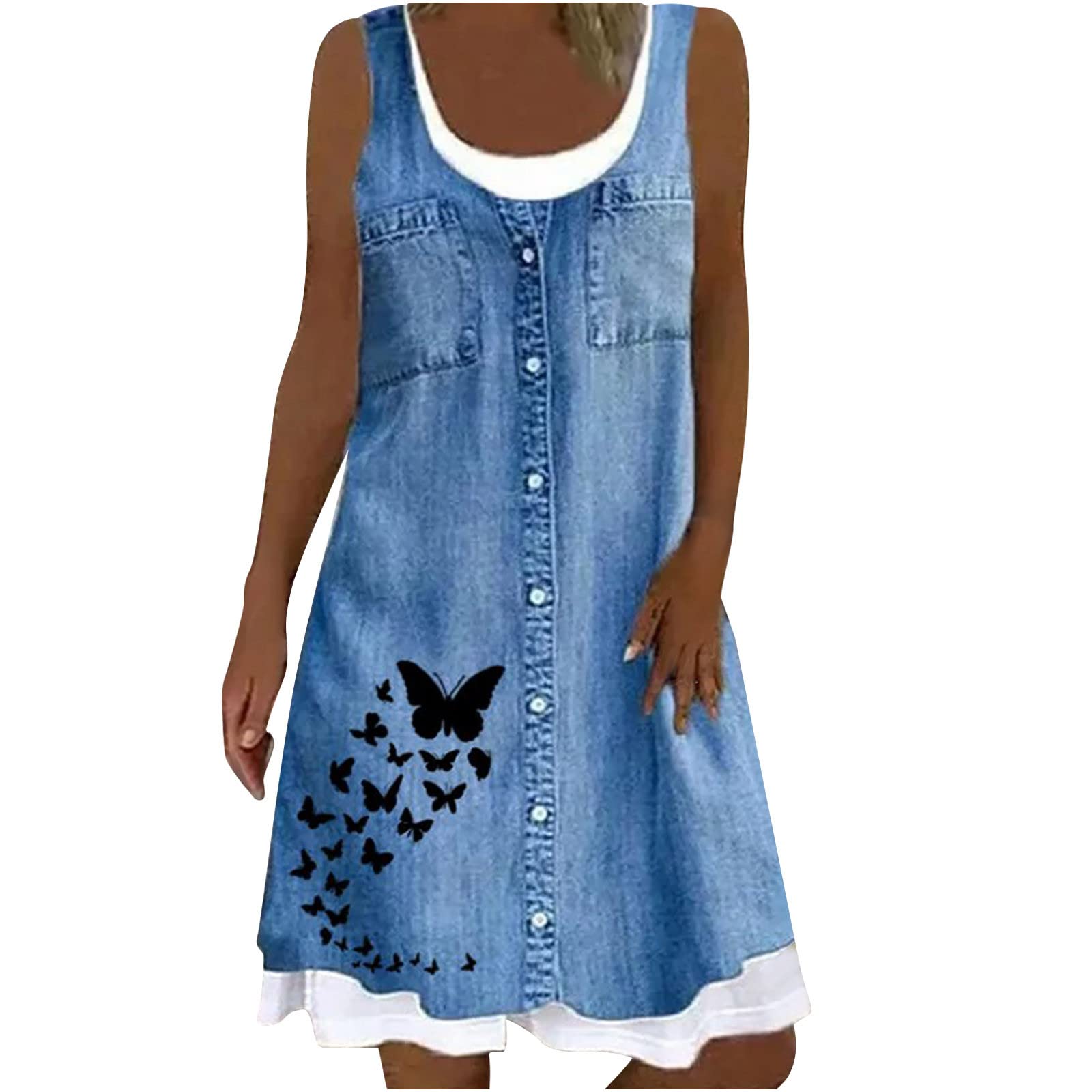 Women's Floral Denim Sleeveless Sun Dress - Casual Crew Neck Loose Fit Tank Dress for Summer | Perfect for Beach Vacations, Picnics & Outdoor Parties