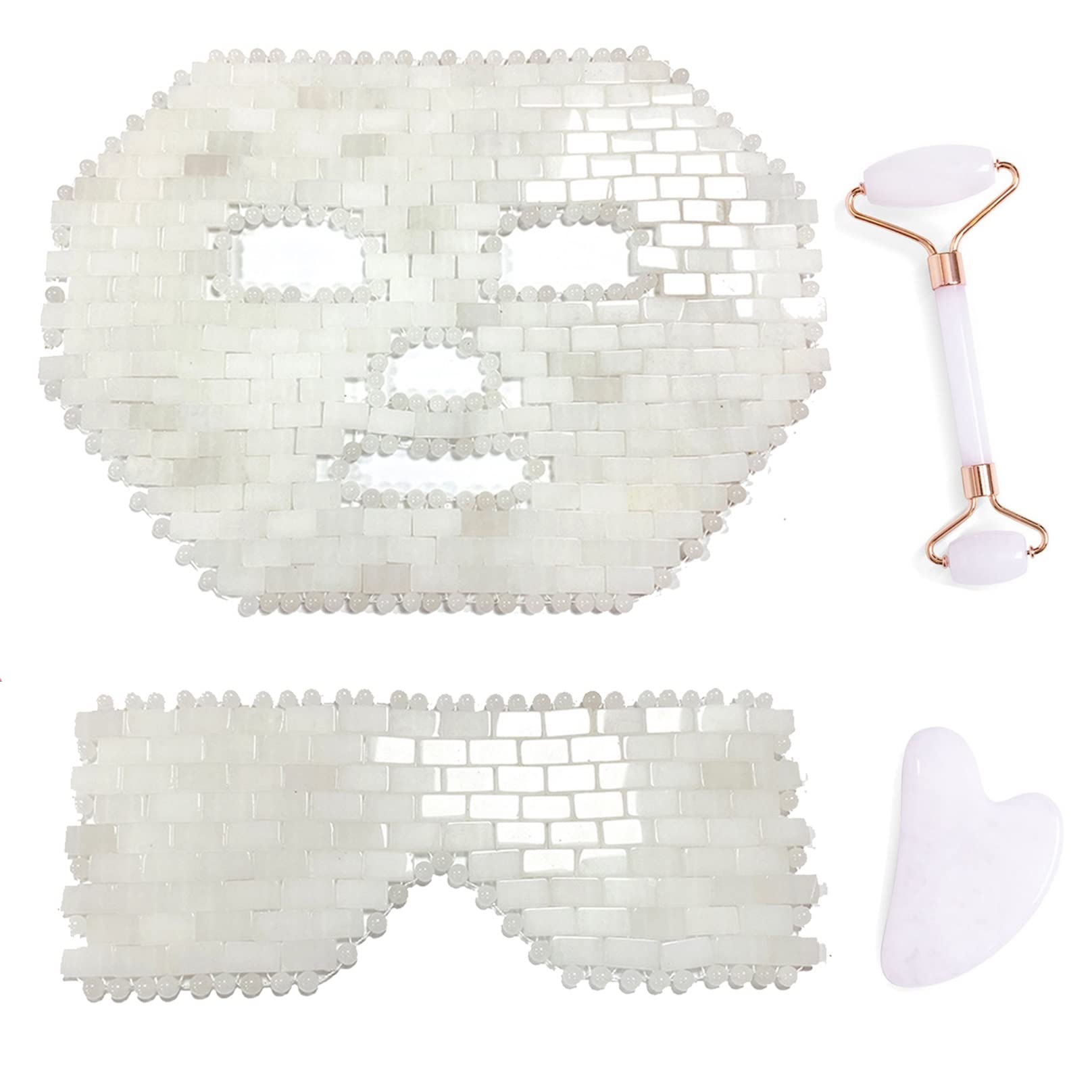 Natural Jade Facial Mask & White Quartz Mask Set - Cold Therapy Sleeping Beauty Tools for Puffy Eyes, Dark Circles Relief - Yoga Meditation & Face Care (4 PCS, White) - Perfect for Spa Nights, Self-Care Routines & Relaxation Therapy