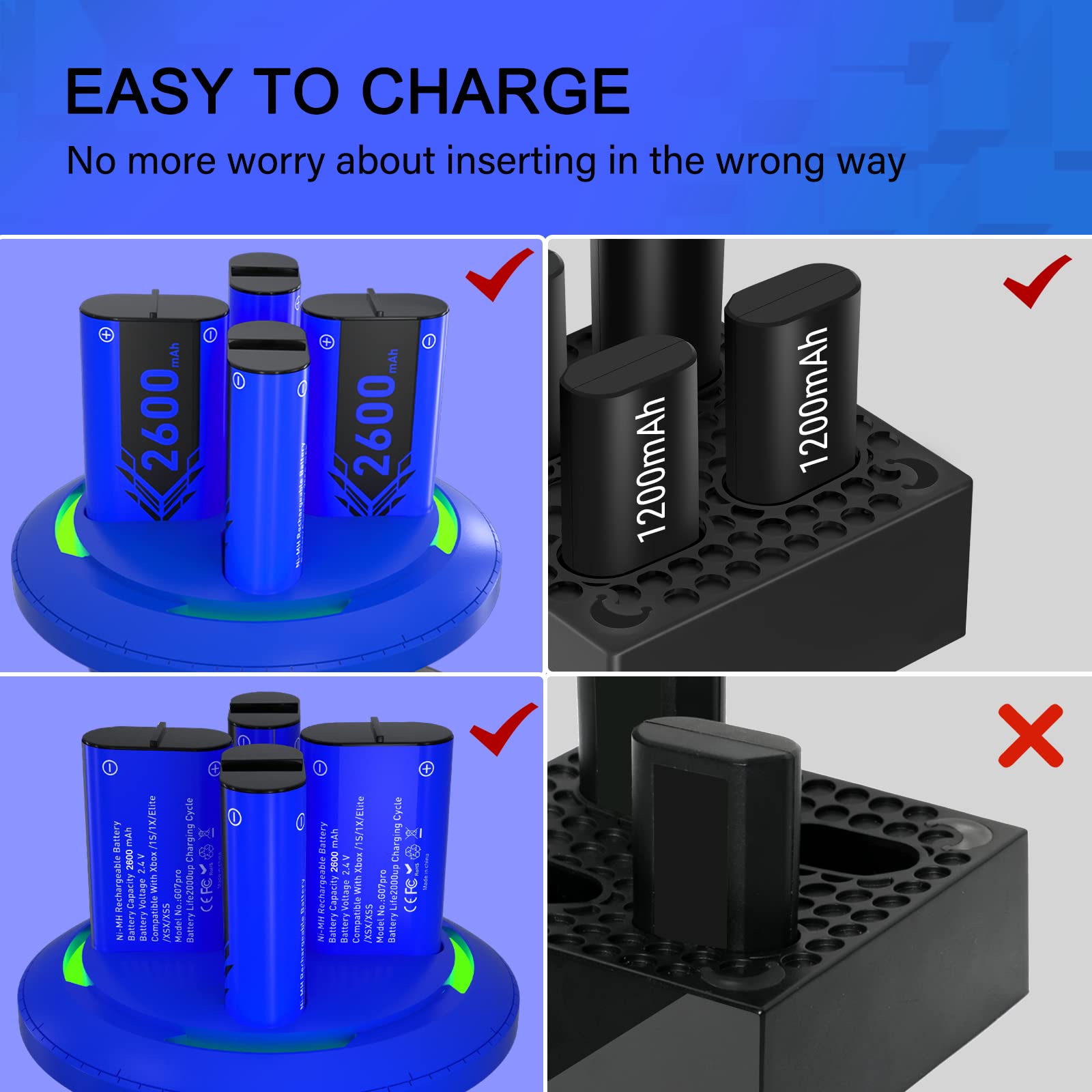 Rechargeable Battery Pack for Xbox One Controller - 4x2600mAh High Capacity with Charging Dock - Compatible with Xbox One S/X & Xbox Series S/X Controllers (Blue) - Perfect for Gaming, Streaming & Long Play Sessions