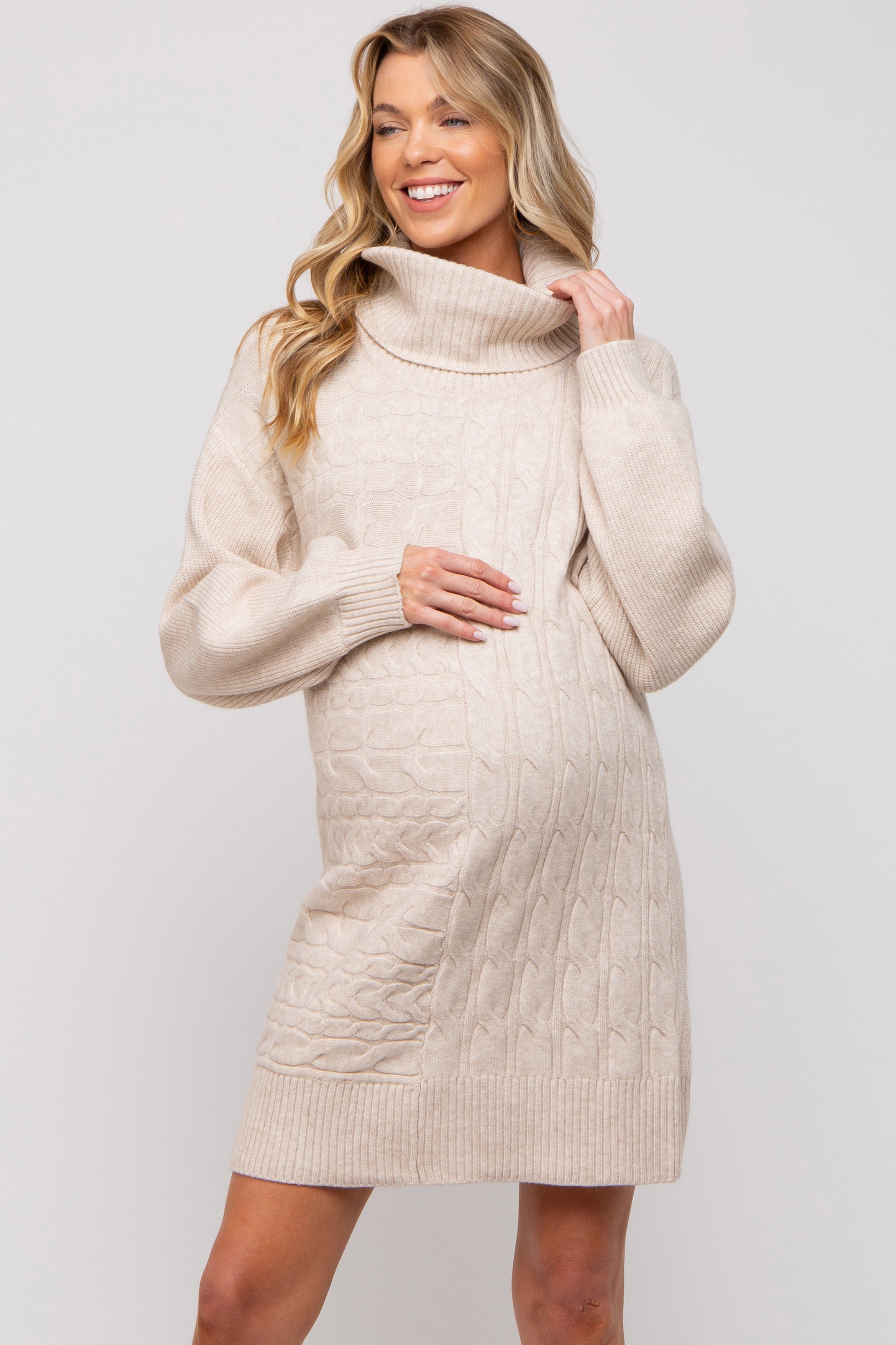 Beige Cable Knit Maternity Mini Sweater Dress for Women - Soft Stretchy Pregnancy Outfit for Baby Shower, Date Night & Fall Season