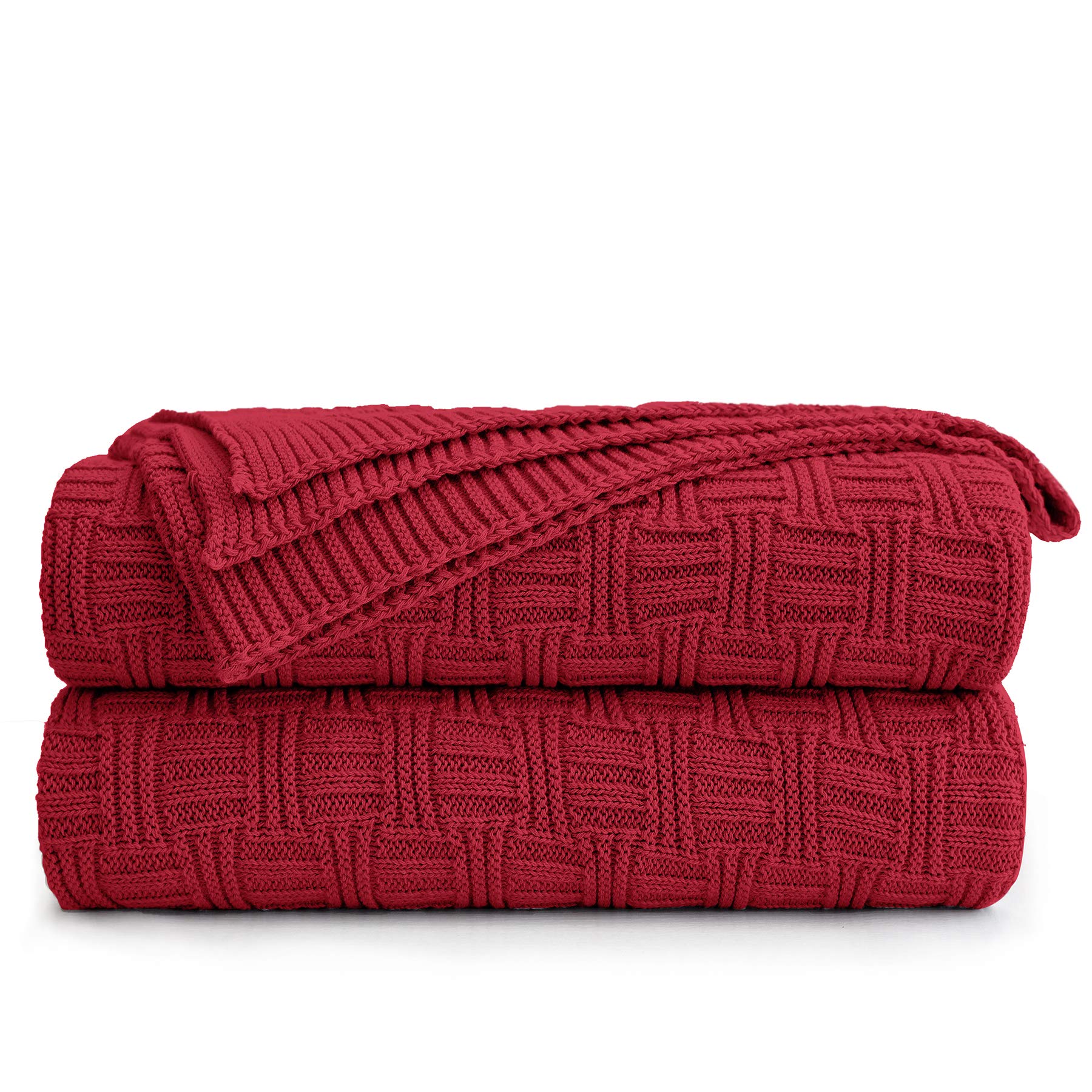 Soft Red Cable Knit Throw Blanket - 50x60 Inch Cotton Knitted Blanket for Couch, Sofa, Bed & Beach - Cozy Lightweight Decorative Blanket for Home, Travel & Outdoor Use