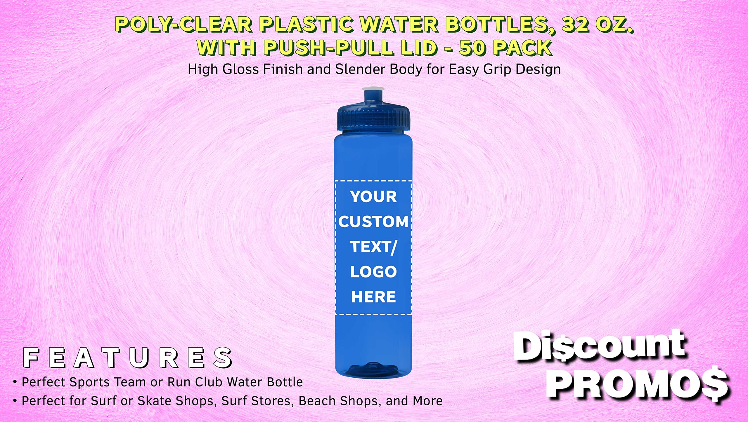 50 Pack 32oz Clear Plastic Water Bottles with Push-Pull Lids - Customizable Text & Logo - Durable, Leak-Proof, Reusable - Transparent Blue - Perfect for Sports, Gym, Office, and Outdoor Activities