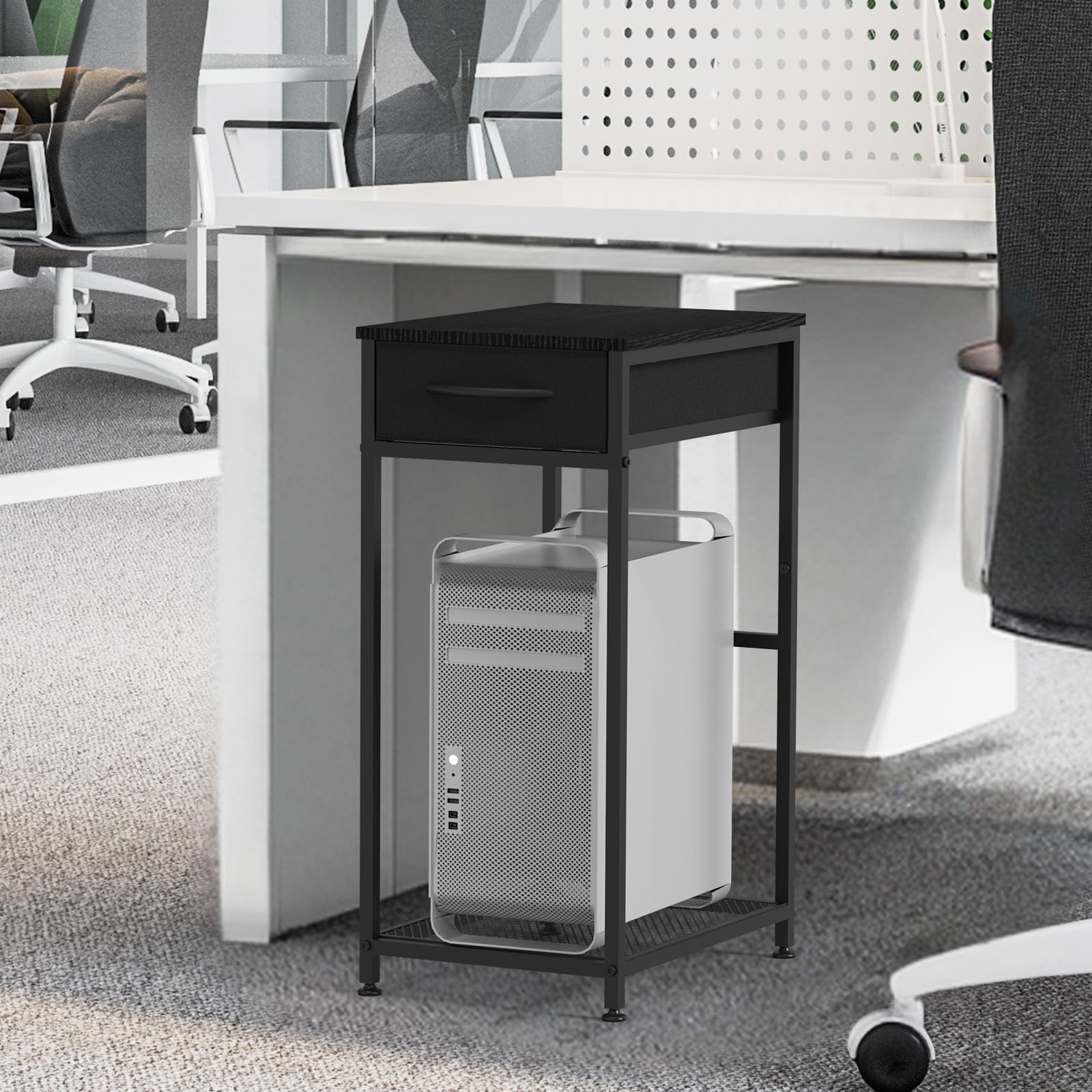 CADUKE 2 Tier PC Stand - Black Computer Tower Stand with Fabric Drawer & Wheels, Modern Printer Stand for Office & Home Use, Under Desk Organizer for Study Room & Gaming Setup