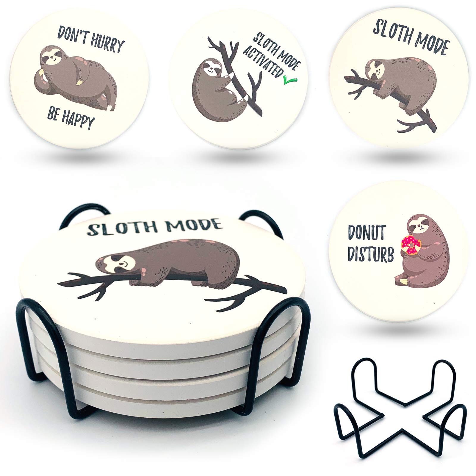 4-Pack Ceramic Sloth Drink Coasters with Holder - Absorbent Cup Coasters with Cork Bottom for Coffee, Wooden Tables & Outdoor Patio Use - Cute Home Decor & Kitchen Accessories for Parties, Dining & Entertaining