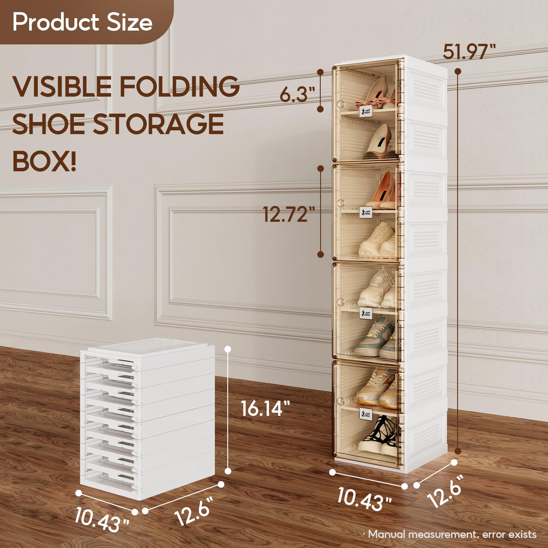 Portable Folding Shoe Organizer with Magnetic Clear Door - 8-Tier Storage Box for Sneakers & Shoes | Space-Saving Closet Solution for Bedroom, Entryway & Dorm Organization