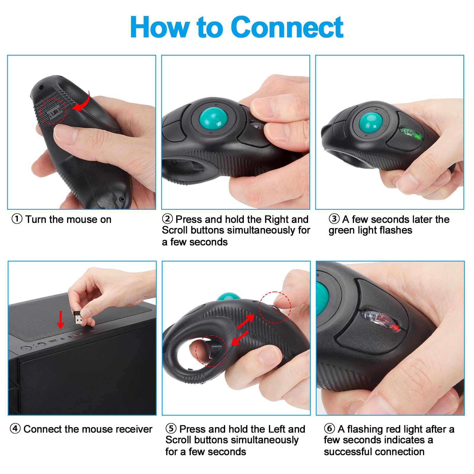 Welspo Wireless USB Handheld Finger Trackball Mouse with Laser Pointer - Ergonomic Black Computer Mouse for Presentations, CAD Design & Office Work