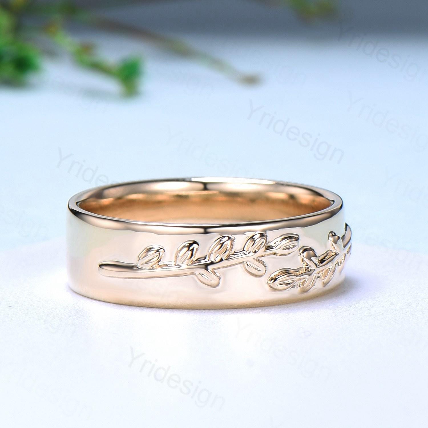 6mm Unique Leaf Wedding Band for Men - 14K Yellow Gold Art Deco Leaf Branch Vines Design Ring - Perfect for Engagement, Anniversary & Special Occasions