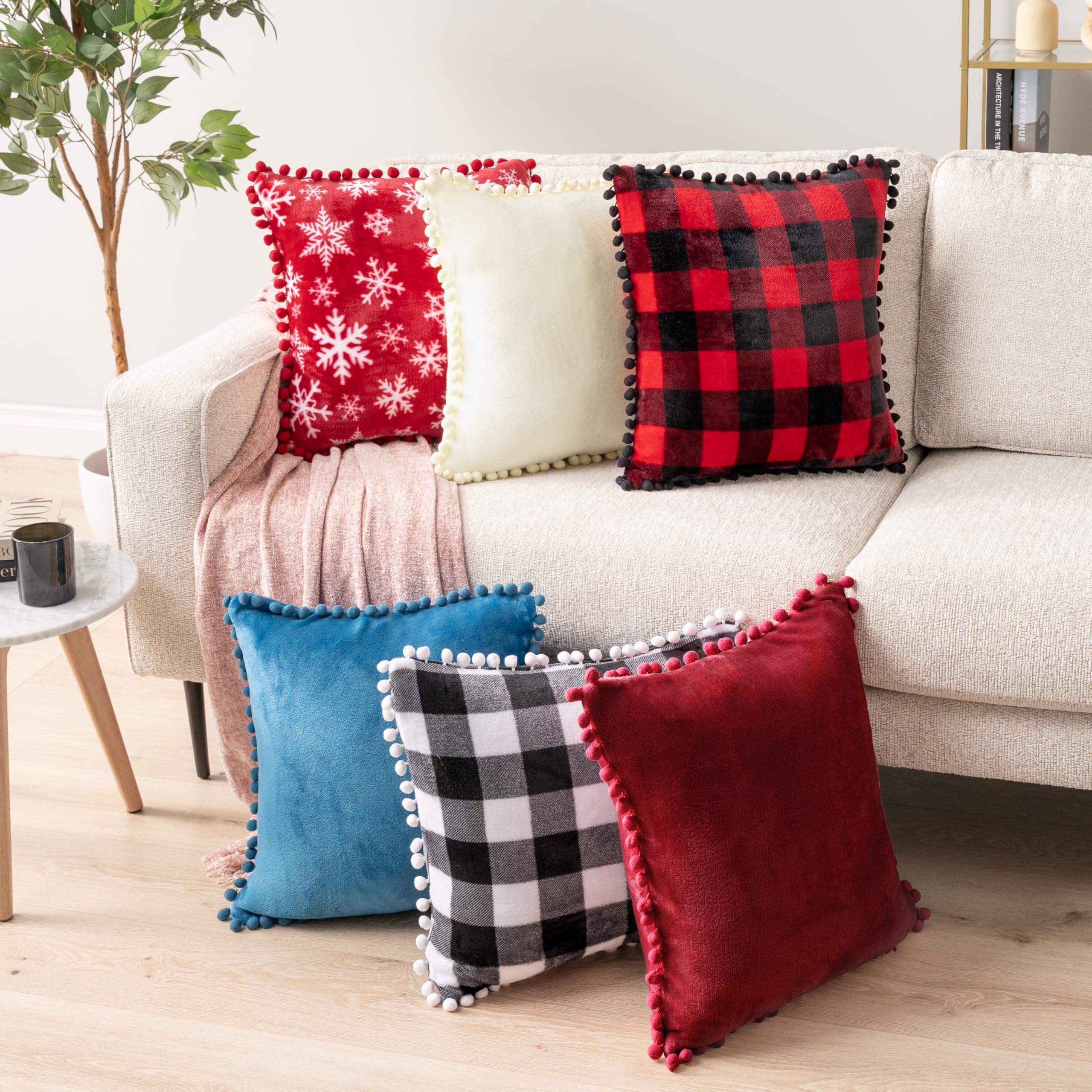 PAVILIA Burgundy Red Velvet Throw Pillow Covers 20x20 Inches - Set of 2 Decorative Pom Pom Pillow Cases for Sofa, Couch & Bedroom Decor | Soft Euro Plush Cushion Covers for Living Room, Bed Aesthetic & Home Styling
