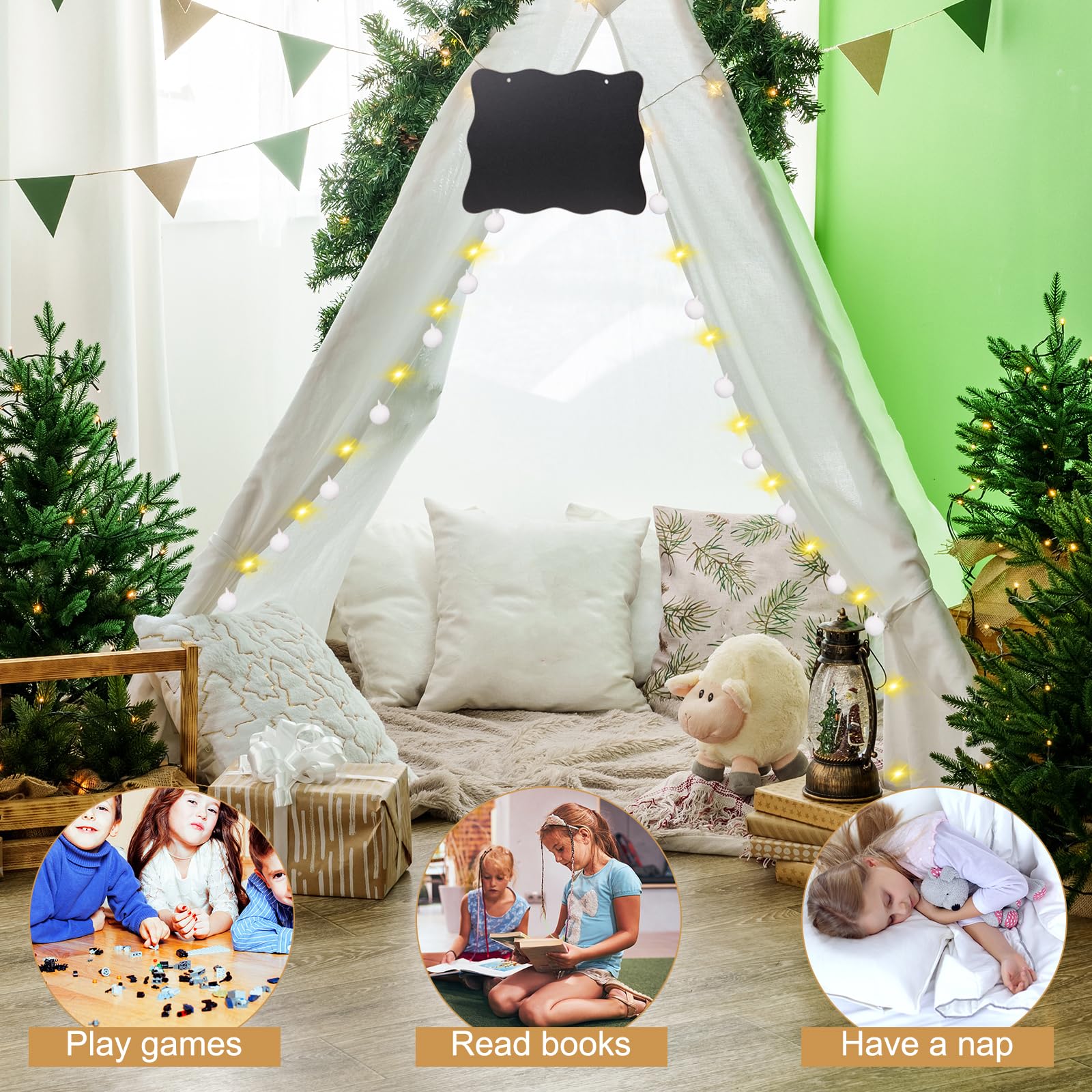 6 Pack Kids Teepee Tent with 10FT String Lights - Indoor/Outdoor Play Tent for Girls & Boys, Foldable Boho Tent for Birthday Parties, Sleepovers & Backyard Camping (White) - Perfect for Playrooms, Bedrooms & Outdoor Adventures