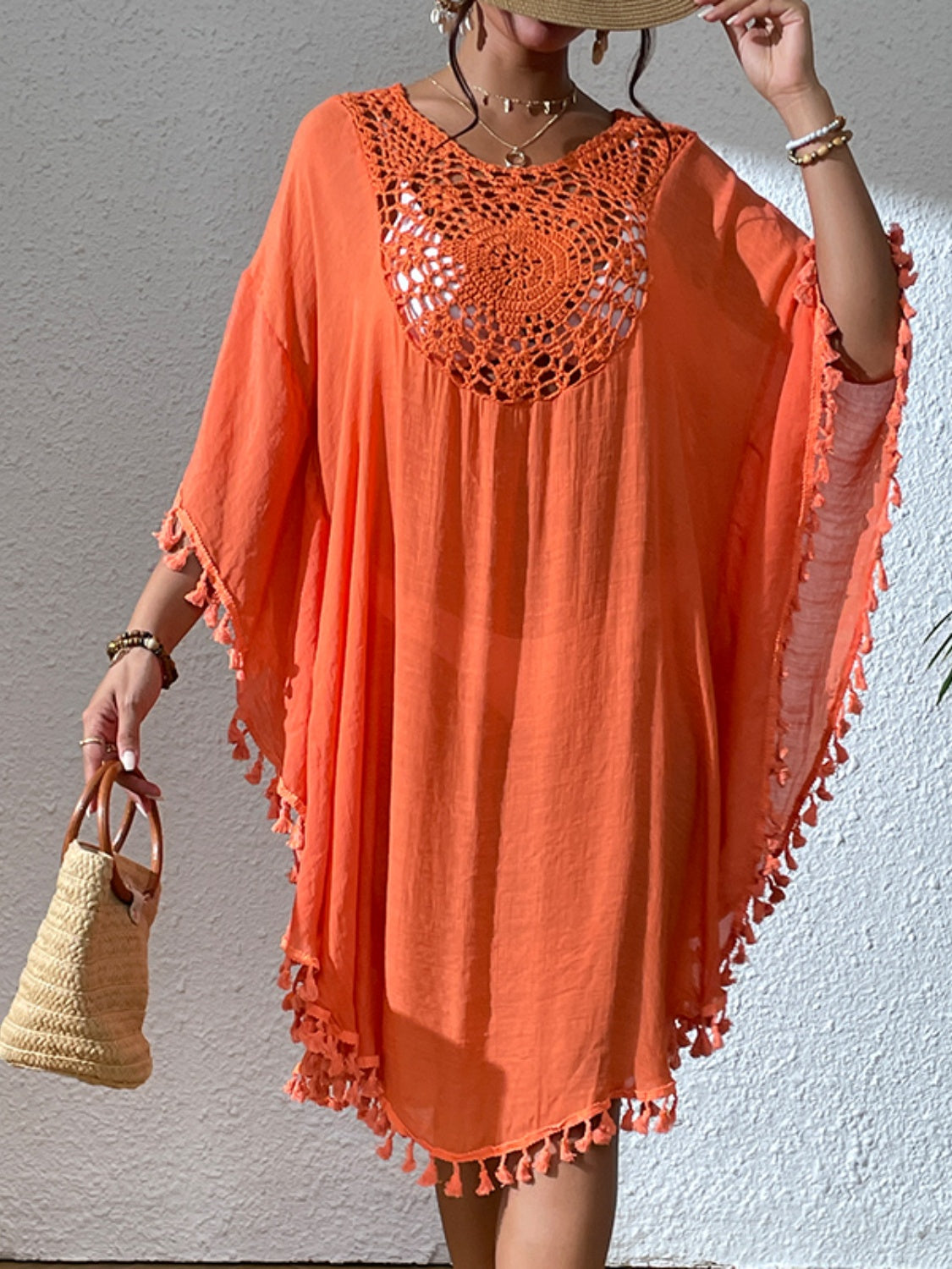 Tassel Cutout Scoop Neck Cover Up Dress - Flowy Beach Dress for Women, Summer Boho Maxi Dress with Side Slits, Perfect for Poolside, Vacations & Resort Wear