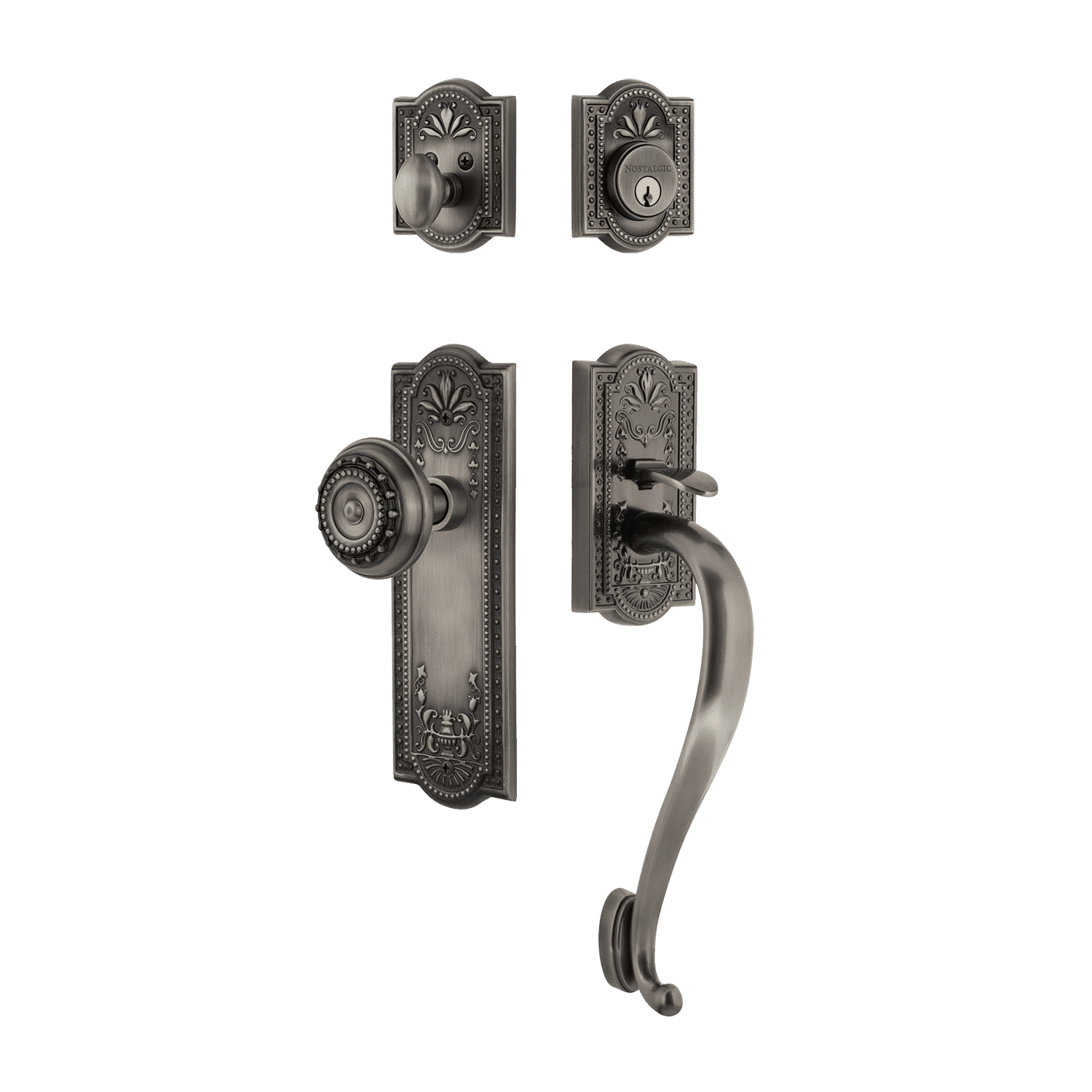 Meadows Antique Pewter Handleset with S Grip & Long Plate - Vintage Door Knob for Bedroom, Bathroom & Interior Doors - Durable & Stylish Hardware for Home Décor