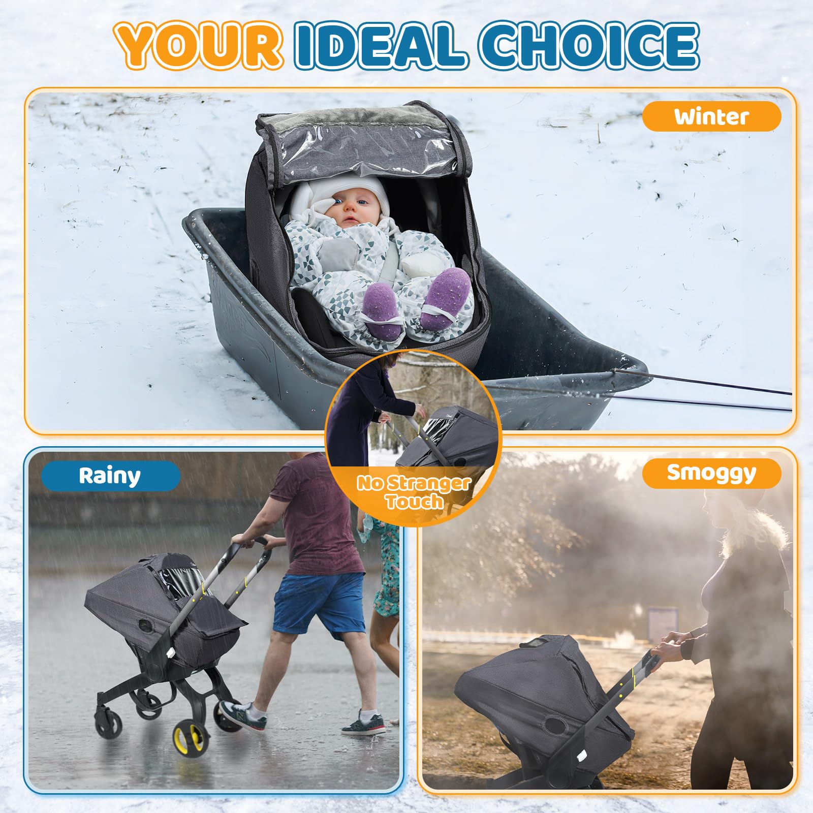 Universal Winter Baby Car Seat Cover with Clear Peek Window - Waterproof Snow Wind & Rain Protection - Zipper Door & Side Ventilation - Machine Washable Grey - Perfect for Strollers, Shopping & Outdoor Adventures