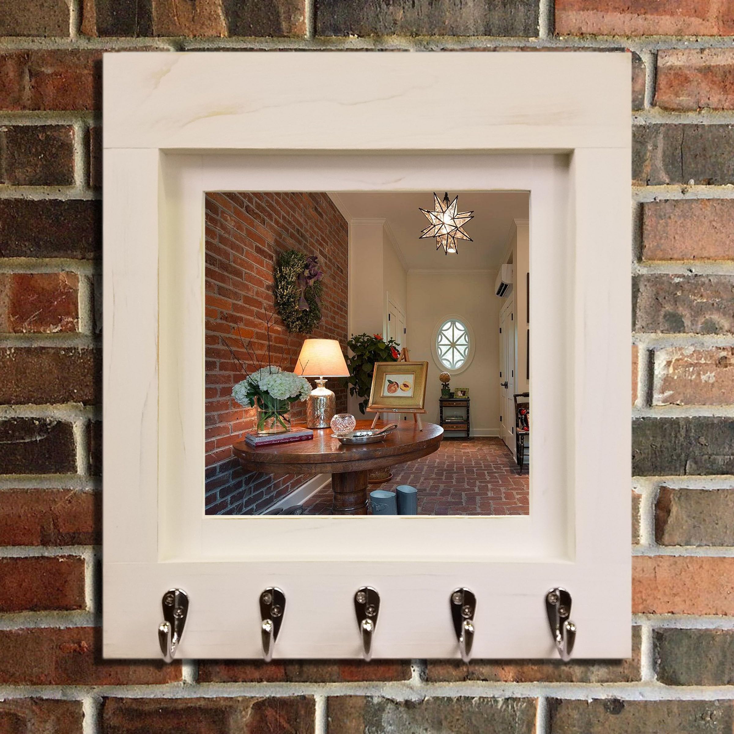 Farmhouse Mirror with Hooks - 20 Colors, Wall Decor for Entryway & Coat Storage - Antique White