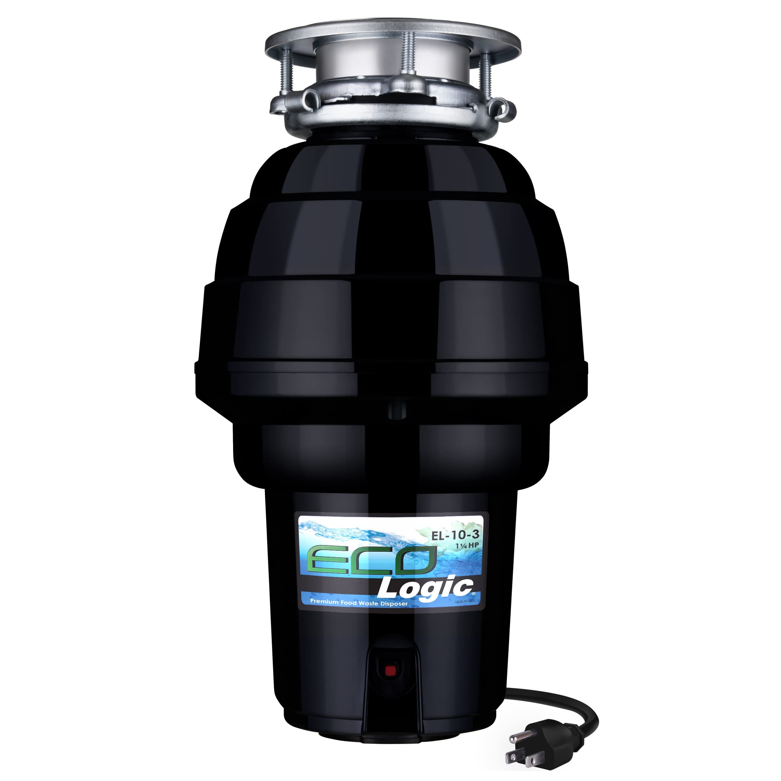 Eco Logic 1.25 HP Continuous Feed Garbage Disposal with Removable Splash Guard - 3-Bolt Mount System, Power Cord Included - Black | Under Sink Food Waste Disposer for Kitchen, Home & Commercial Use