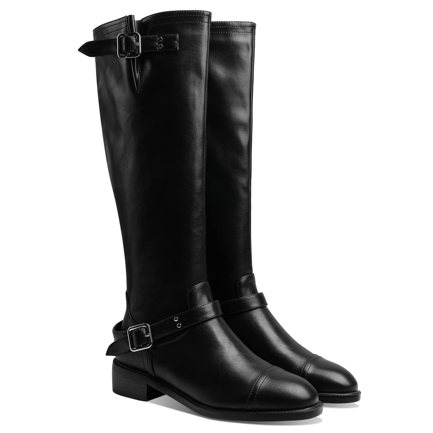 MOOMMO Women's Knee High Riding Boots - Flat Heel Round Toe Western Cowboy Boots with Buckle Strap | Matte Leather Slouch Boots for Women | Vintage Retro Chunky Low Heel Comfortable Winter Boots US Size 4-11 | Perfect for Casual Wear, Horseback Riding & Country Western Fashion