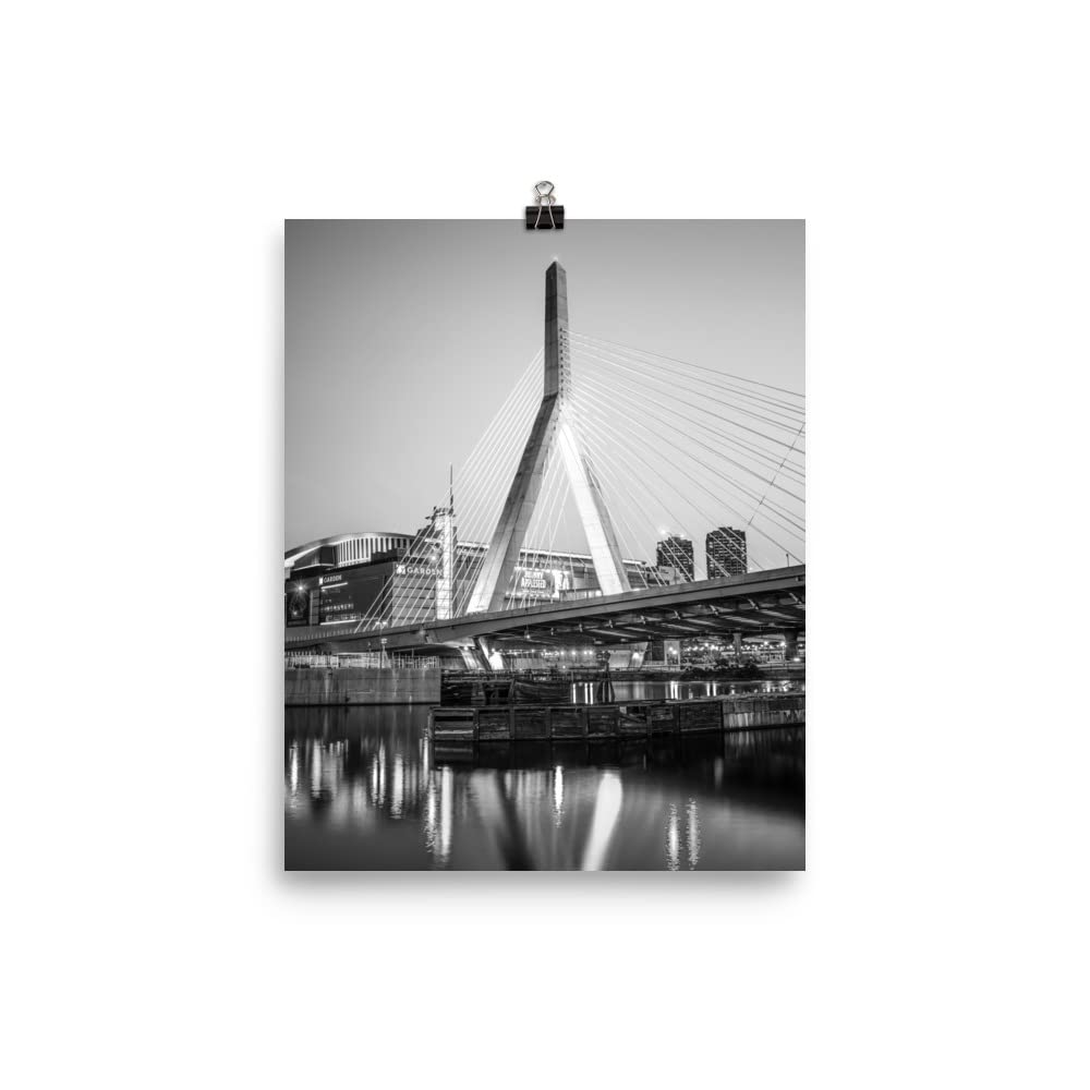 8x10 Inch Boston Zakim Bridge Wall Art Poster - Unframed Black and White Photo Print, Bunker Hill Bridge Night Scene, Home Office Living Room Bedroom Decor, Perfect Gift for Men and Women | Modern Urban Landscape Photography for City Lovers