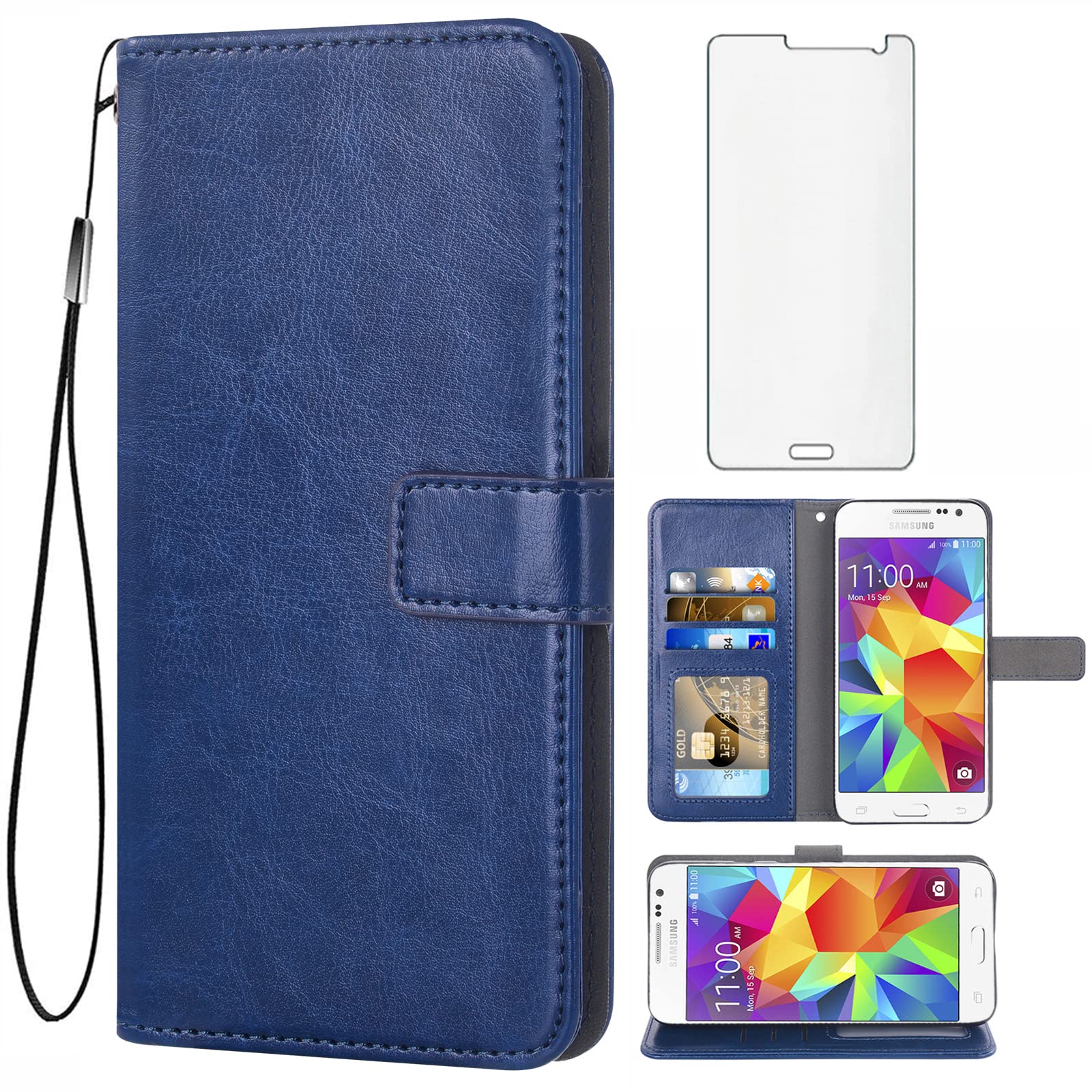 Samsung Galaxy Core Prime Wallet Case with Tempered Glass & Card Holder - Blue for Men & Women | Perfect for Work & Travel