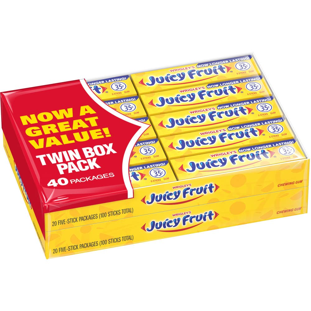 Juicy Fruit Original Bubble Gum Chewing Gum - Bulk Pack of 40 (5 Sticks Each) | Fresh Flavor, Long-Lasting Chew | Perfect for Parties, School Snacks & On-the-Go Treats