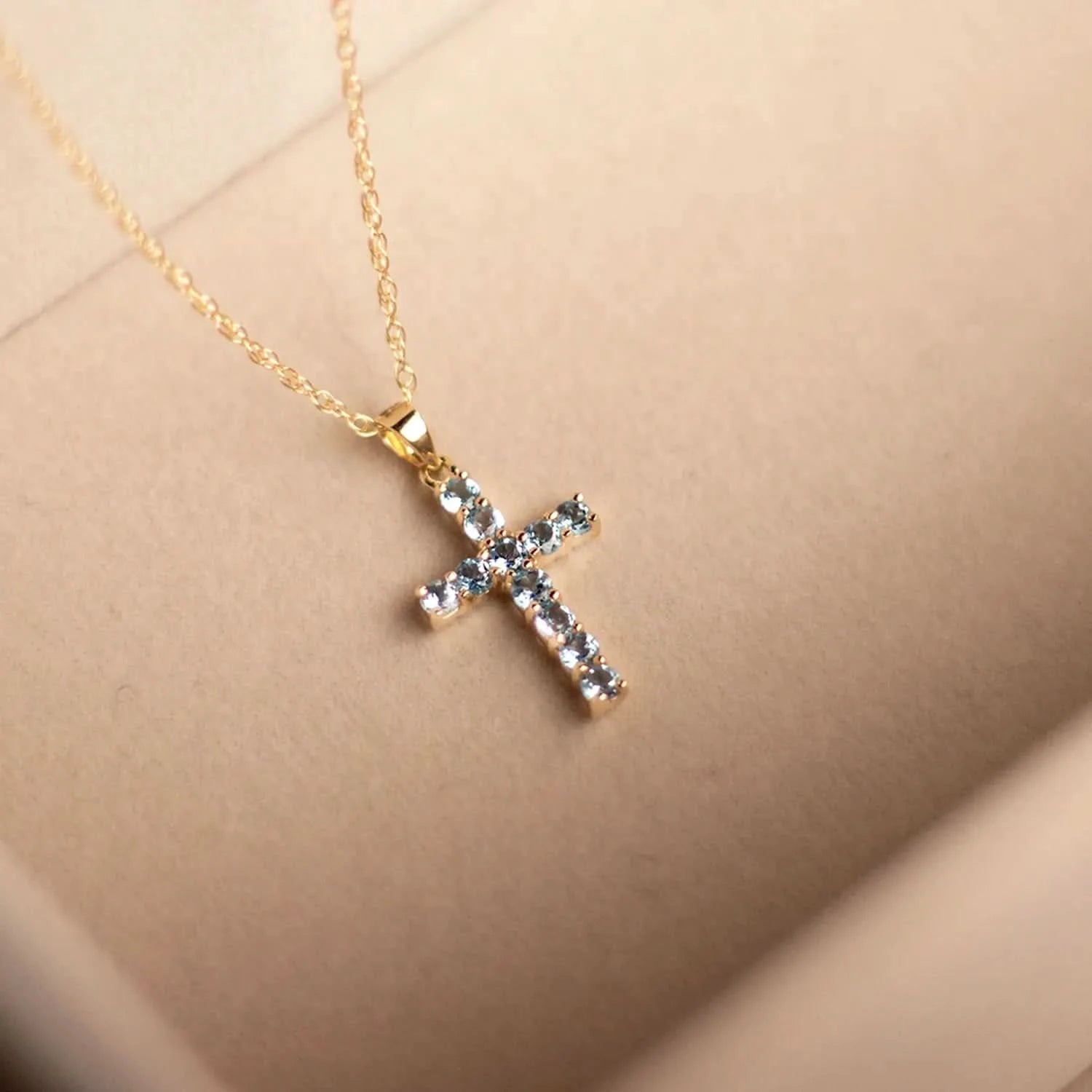 14K Solid Gold Blue Topaz Cross Pendant Necklace for Women - Elegant Religious Jewelry Gift for Baptism, Confirmation & Everyday Wear