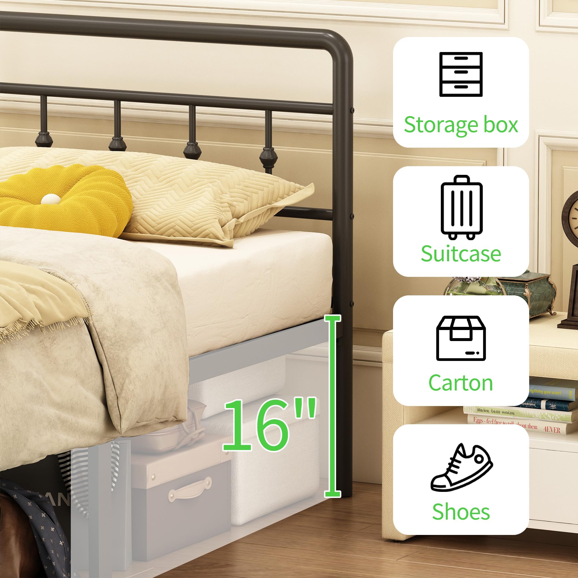 EMODA 16 Inch King Bed Frame with Headboard & Footboard - Heavy Duty Metal Platform Bed Frame, No Box Spring Needed, Easy Assembly - Perfect for Master Bedrooms & Guest Rooms