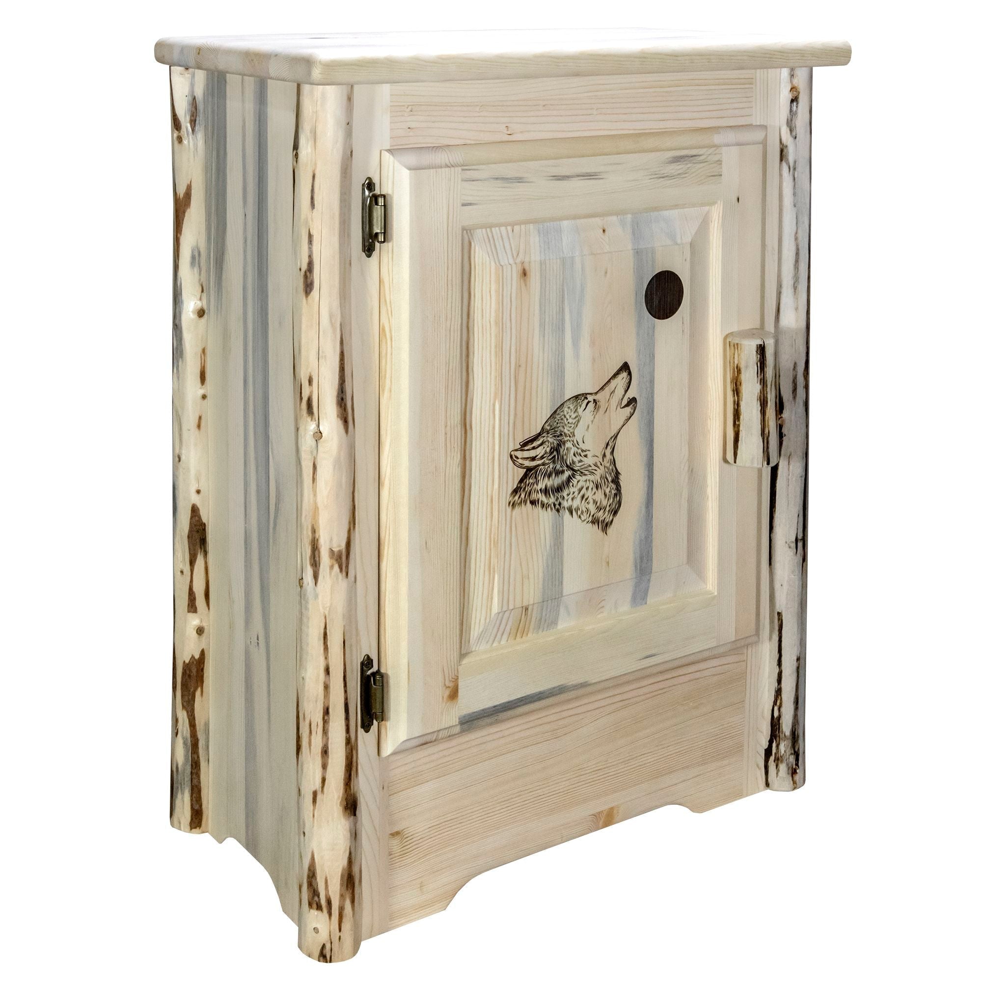Montana Accent Cabinet with Laser Engraved Design - Left Hinged Door - Rustic Wood Side Table for Living Room, Bedroom & Entryway Storage