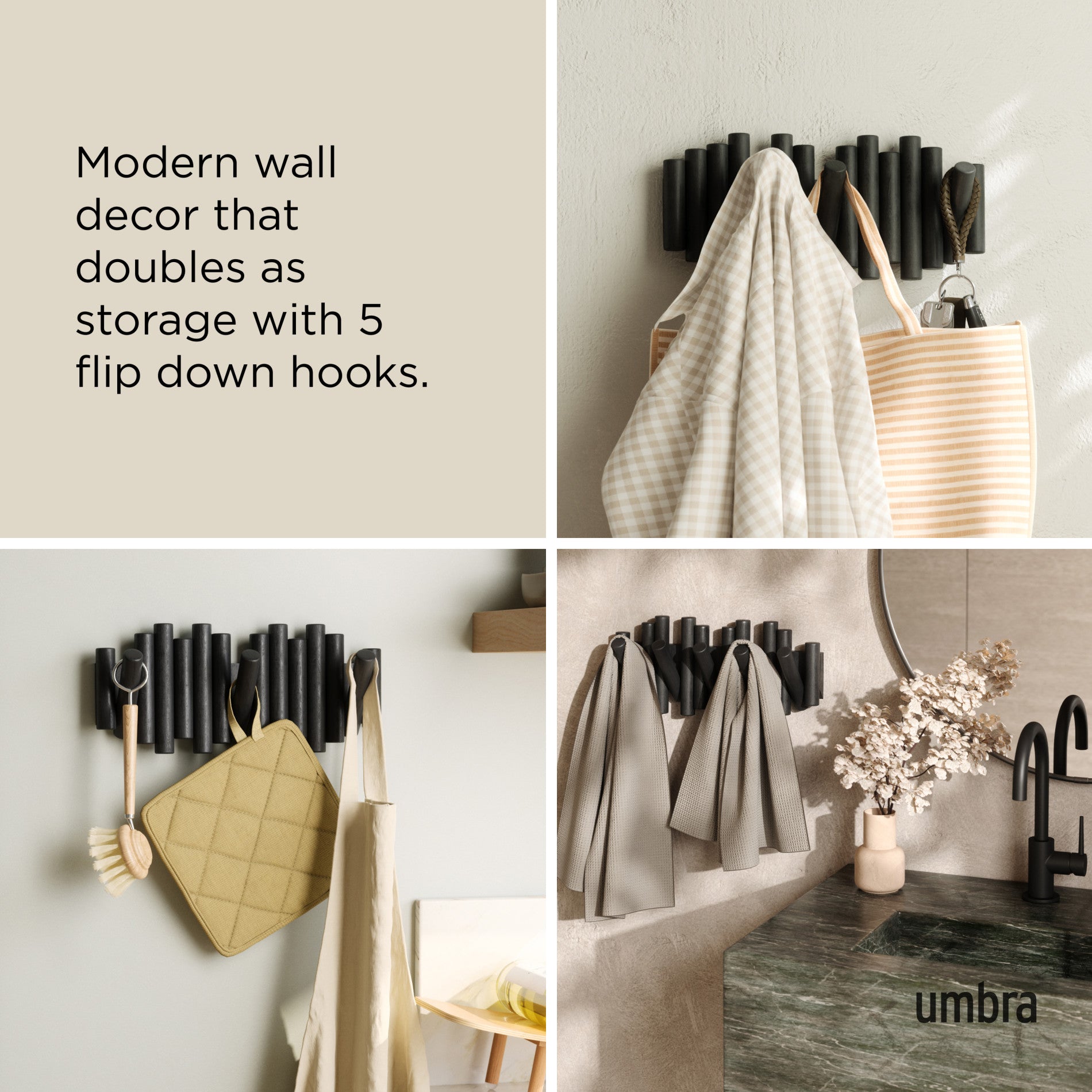 Picket 5 Wall Hook - Heavy Duty Hanging Hooks for Coats, Hats & Keys - Perfect for Entryway, Bathroom & Garage Organization