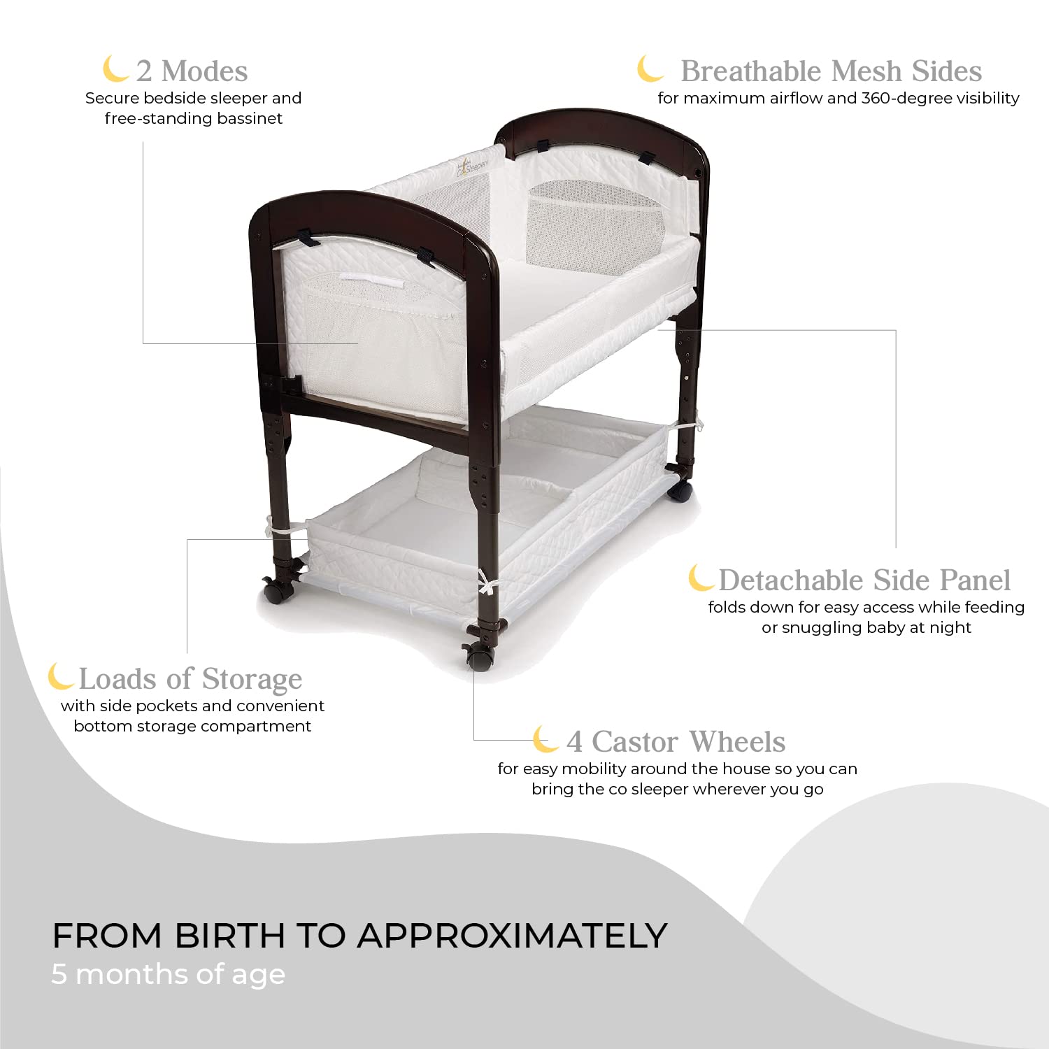 Arm’s Reach Cambria Co-Sleeper Bedside Bassinet - Adjustable Height, Breathable Mesh Sides with Storage Pockets & Large Basket, Espresso/White - Perfect for Newborns & Safe Co-Sleeping in Nursery or Master Bedroom