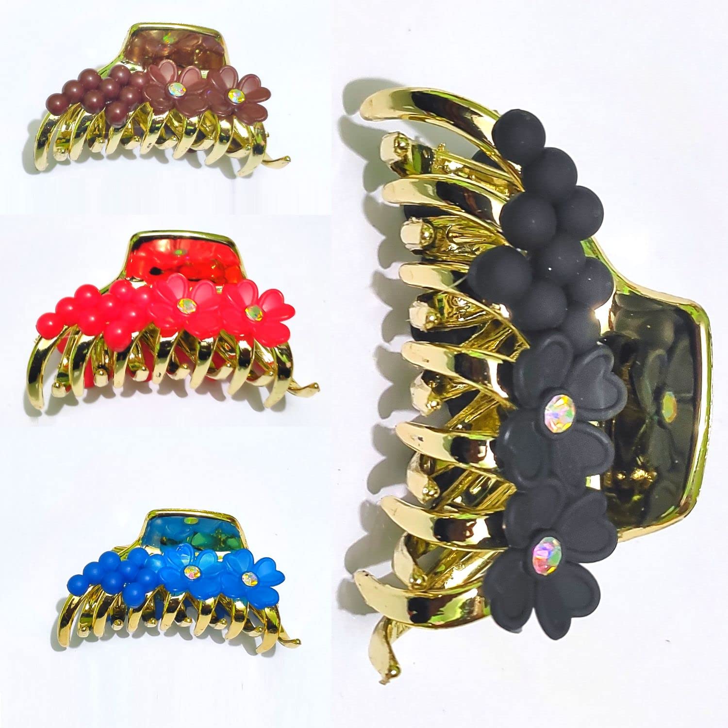 DEBINS 4 Pack Strong Hold Hair Claw Clips - Flower Design Hair Clamps for Women & Girls, Wedding & Party Hair Accessories (Black, Red, Blue, Dark Coffee) - Perfect for Updos, Ponytails & Everyday Styling