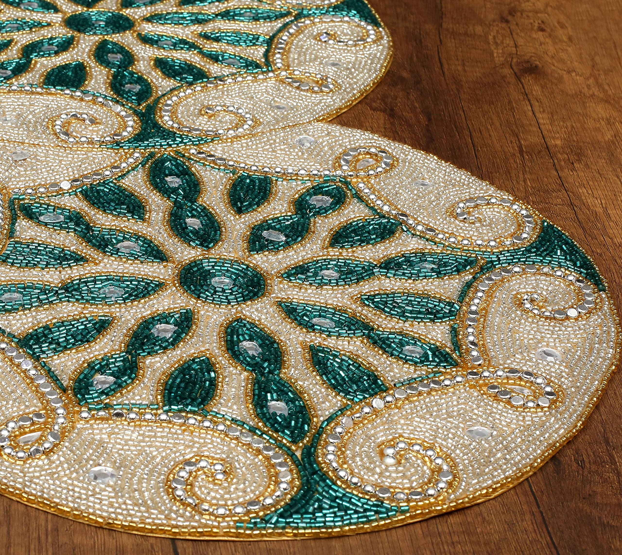 13x36 Beaded Table Runner - Glitz Decorative Farmhouse Rustic Tablecloth for Wedding, Christmas & Holiday Decor in Silver, Teal & Gold | Perfect for Bridal Showers, Dinner Parties & Seasonal Home Decor