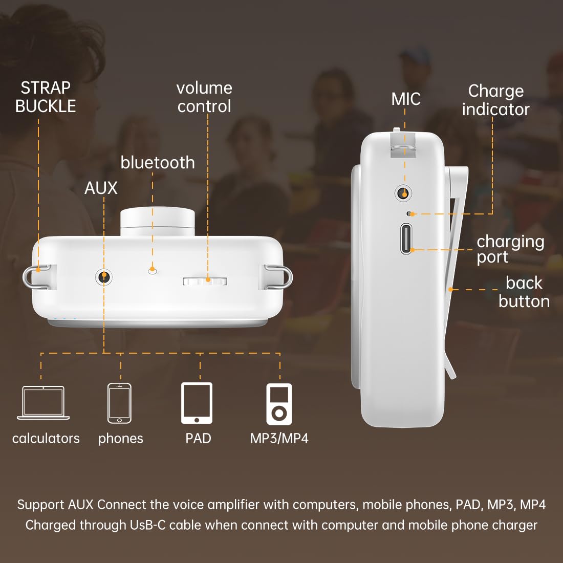Portable Voice Amplifier with Headset Microphone - Personal Mini Speaker for Teachers, Tour Guides, Classroom, Meetings & Yoga - Rechargeable & Lightweight (White) - Perfect for Public Speaking, Outdoor Events & Group Instruction