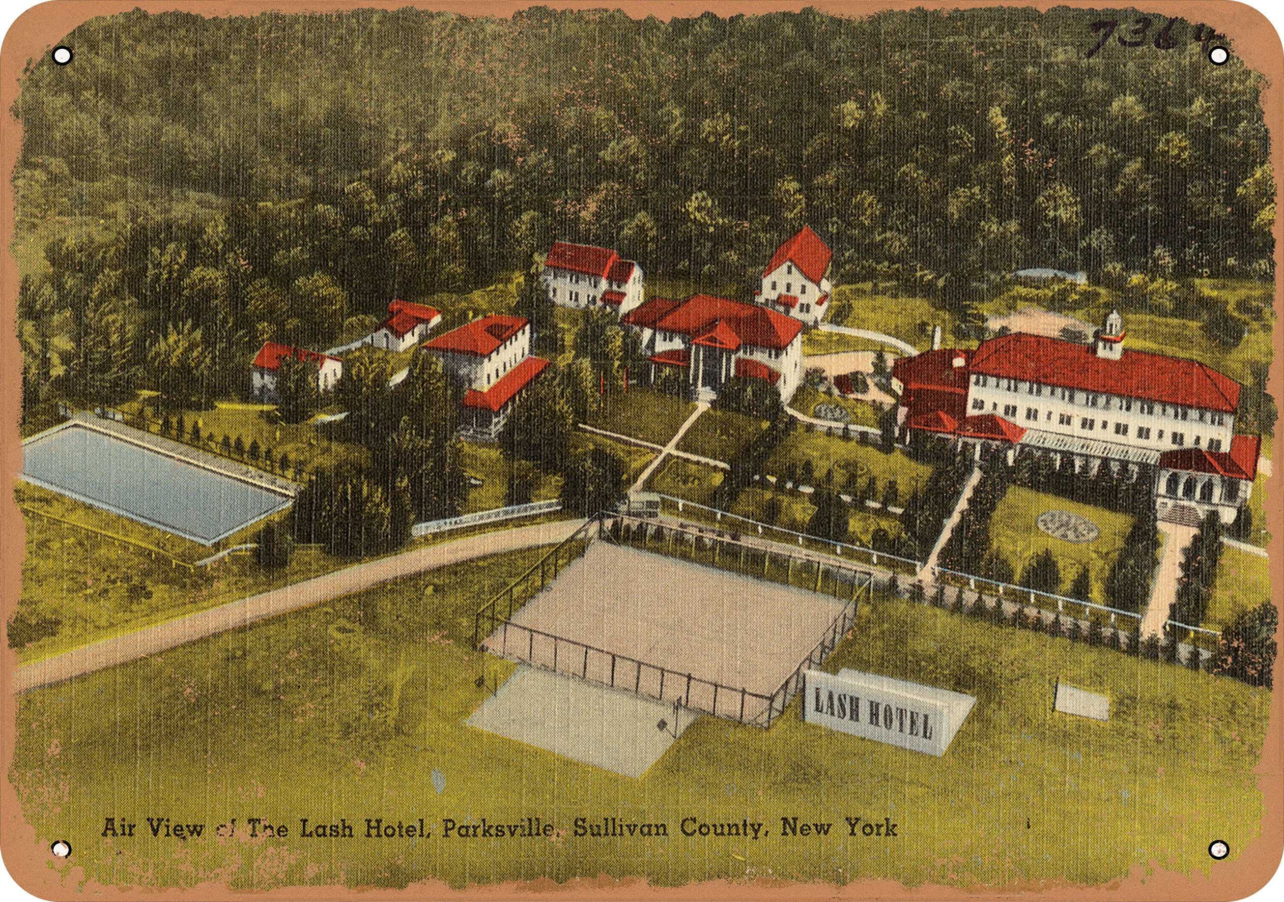7x10 Inch Vintage Rusty Metal Sign - New York Postcard Featuring Aerial View of The Lash Hotel in Parksville, Sullivan County - Retro Wall Decor for Home, Office, Bar, or Man Cave