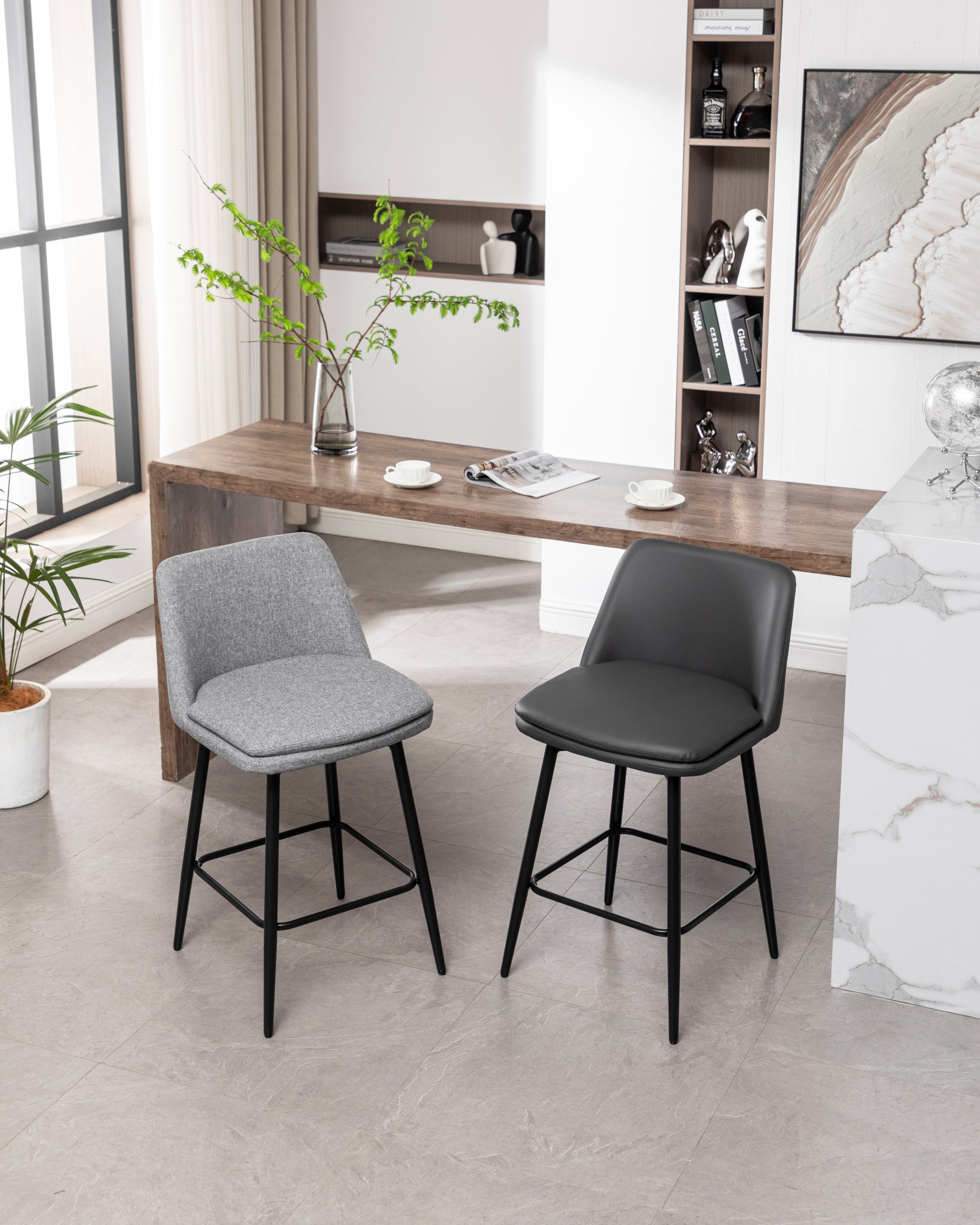 360° Swivel Counter Height Bar Stools Set of 2 - Upholstered with Back Support & Sturdy Metal Legs, 25.6