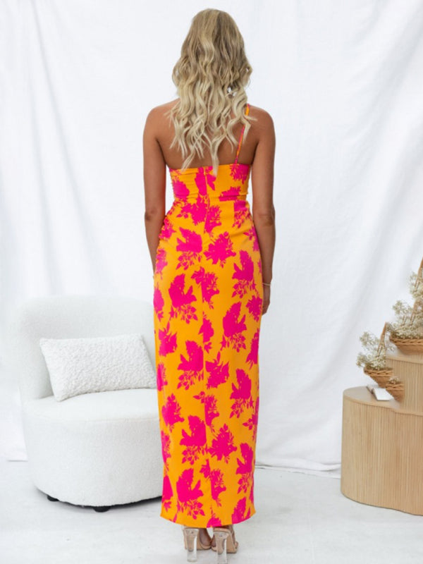 Elegant One Shoulder Bodycon Dress for Women with High Slit & Floral Print - Perfect for Cocktail Parties, Date Nights & Evening Events