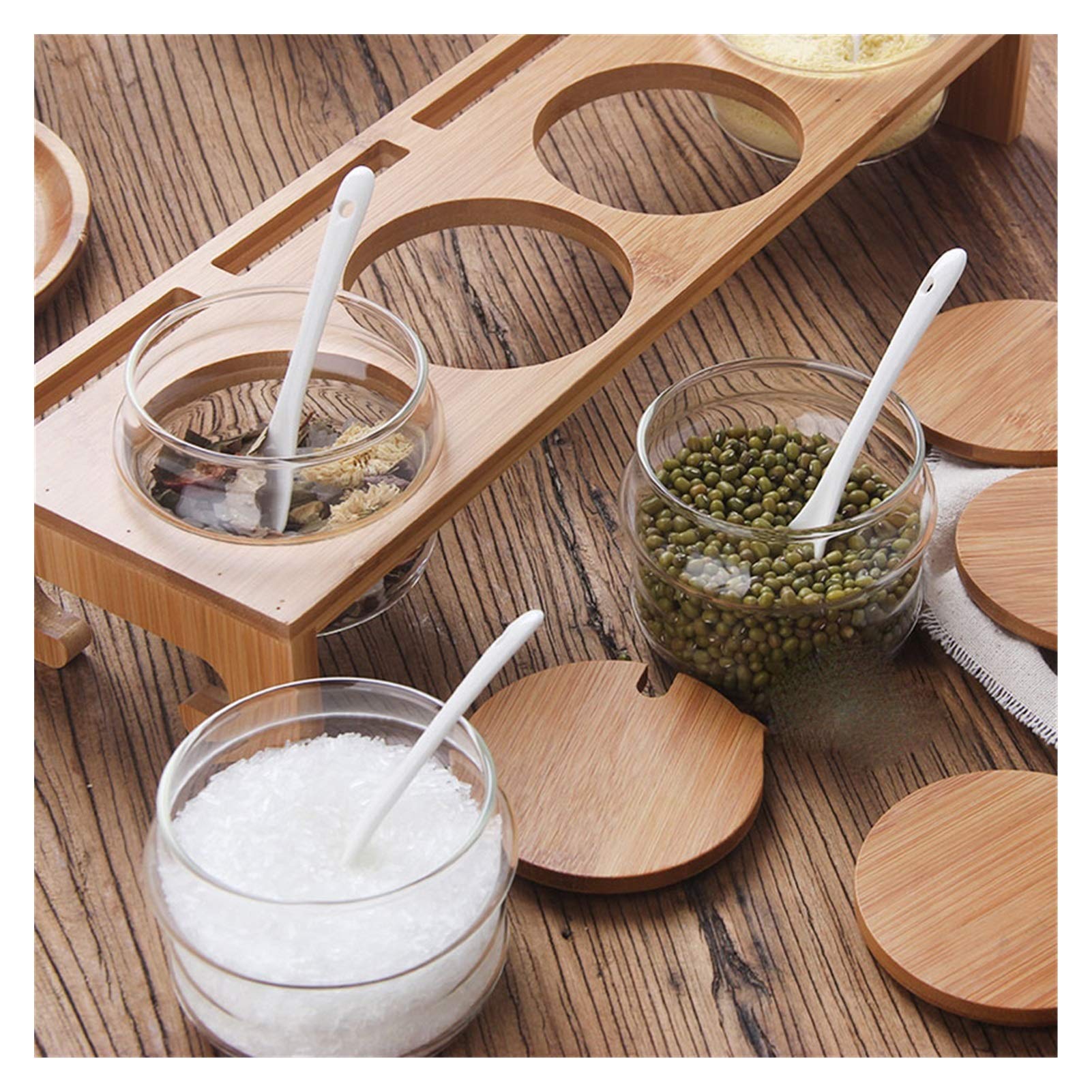4-Piece Glass Condiment Jar Set with Spoons & Bamboo Lids - Airtight Spice Containers for Sugar, Salt, Coffee & Seasonings - Perfect for Kitchen Counter, Pantry & Dining Table Organization
