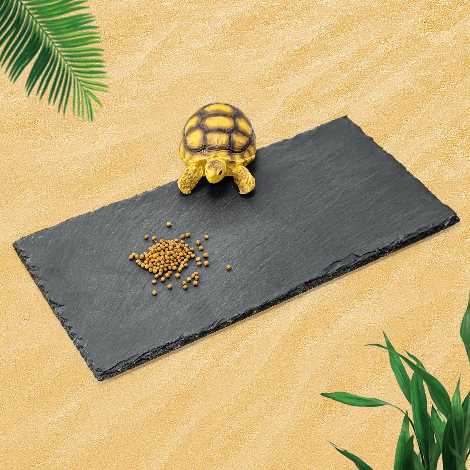 Natural Tortoise Habitat Basking Rock with Feeding Dish - Non-Slip Reptile Food Bowl for Bearded Dragons & Lizards - Medium Size Stone Slab for Nail Grinding & Moisturizing - Perfect for Desert Terrariums & Reptile Enclosures