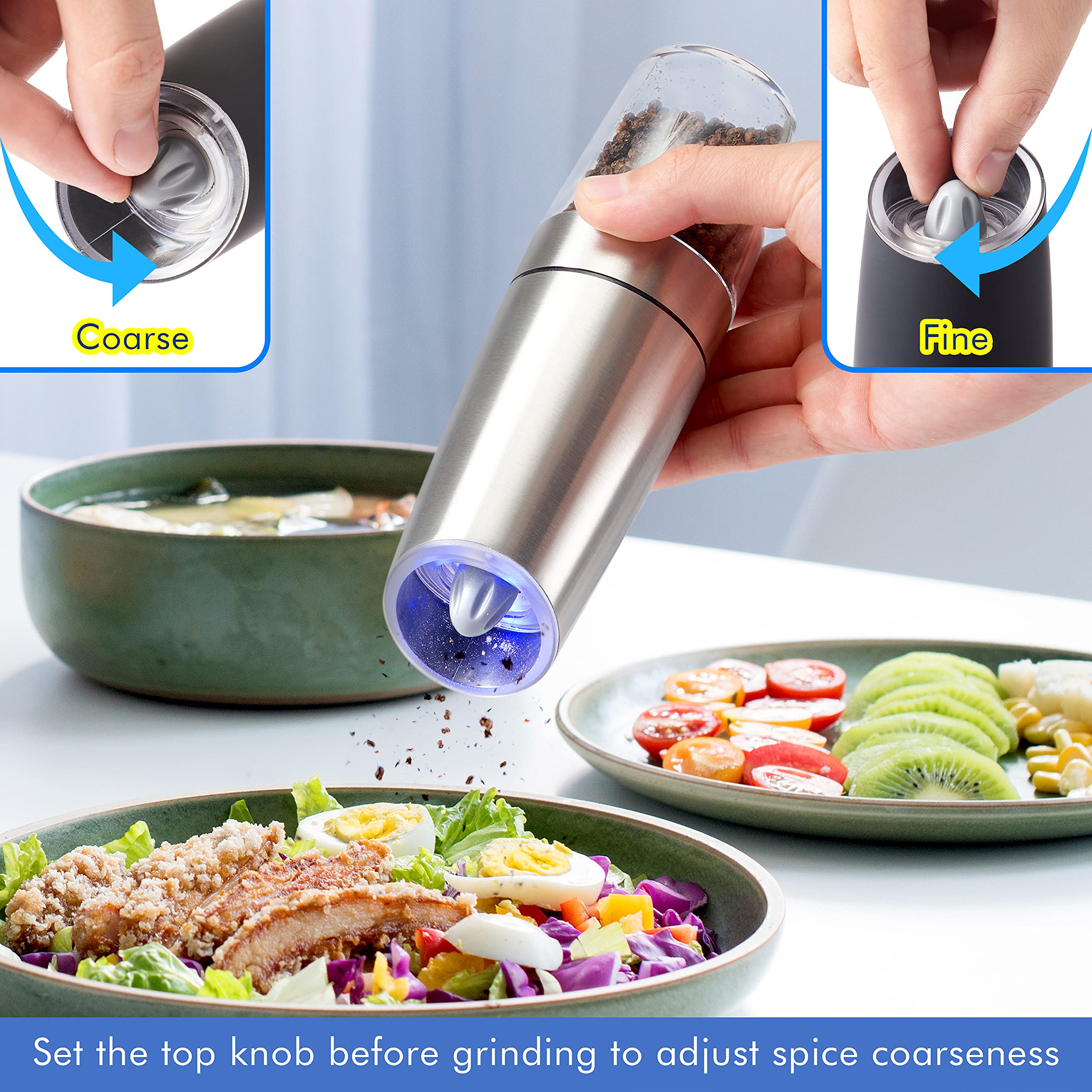 Electric Gravity Salt & Pepper Grinder - LED Light, Adjustable Coarseness | Perfect for Kitchen & Dining